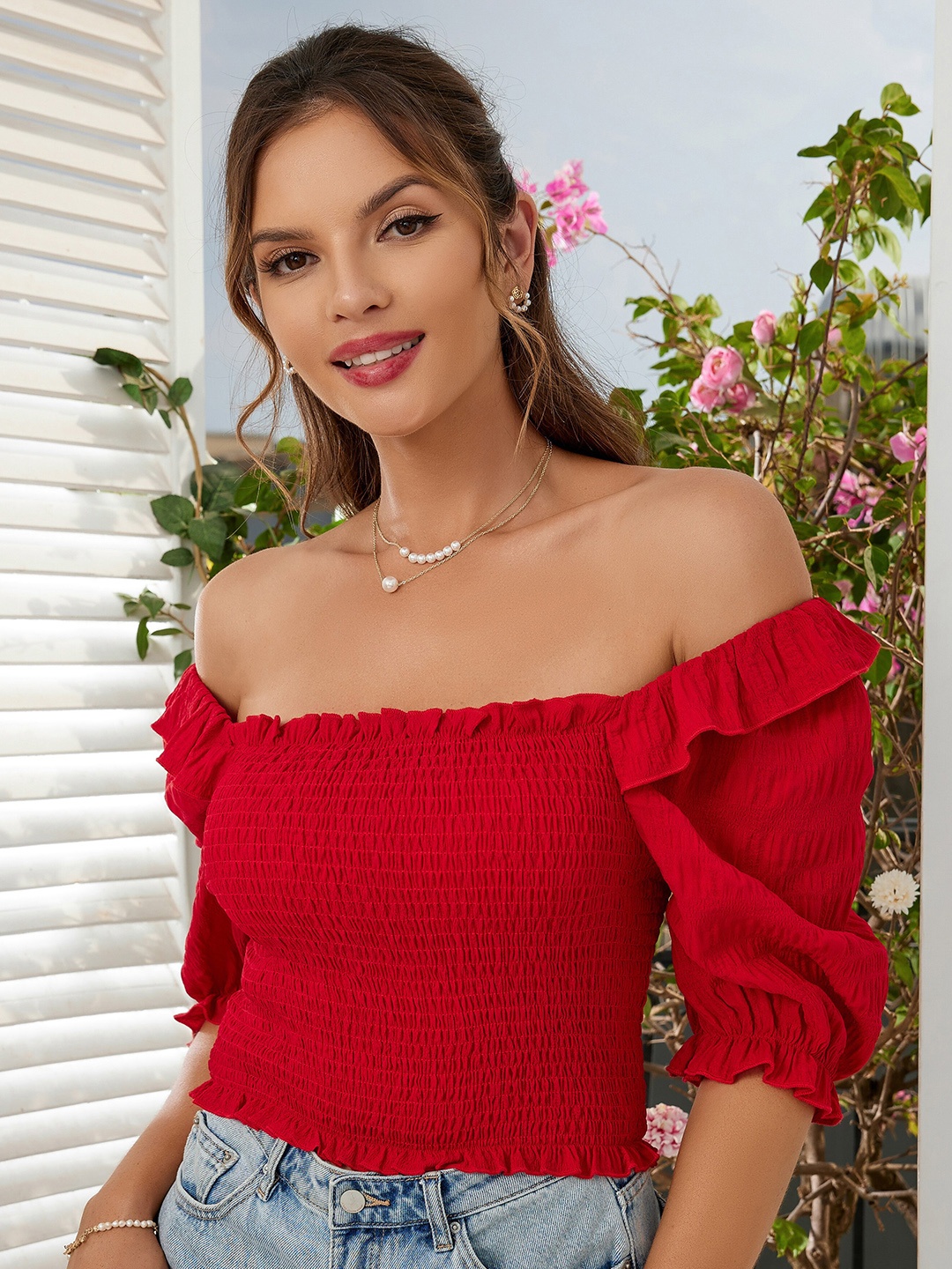 

URBANIC Women Red Off-Shoulder Bardot Top