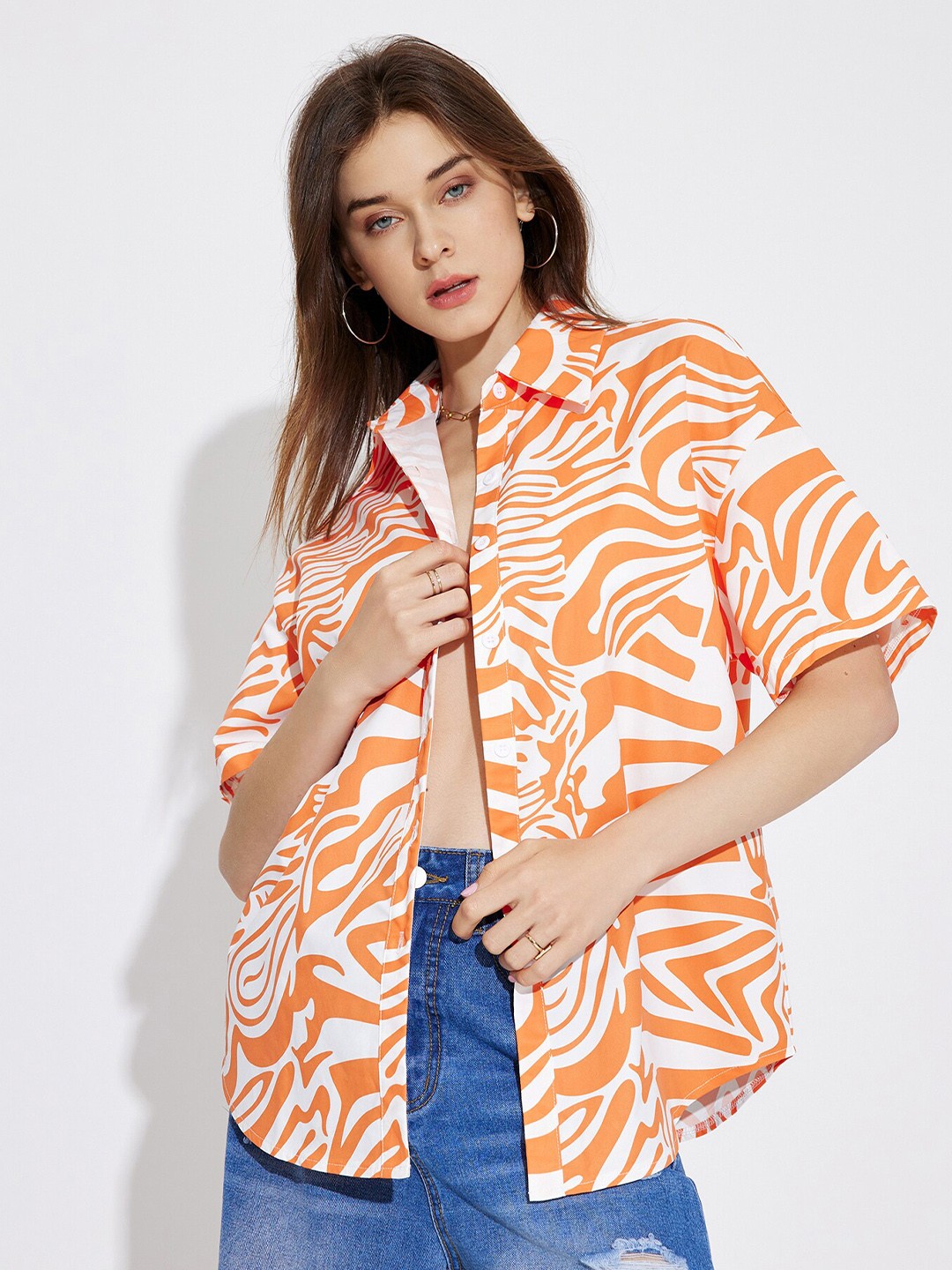 

URBANIC Women Orange & White Print Shirt Style Top