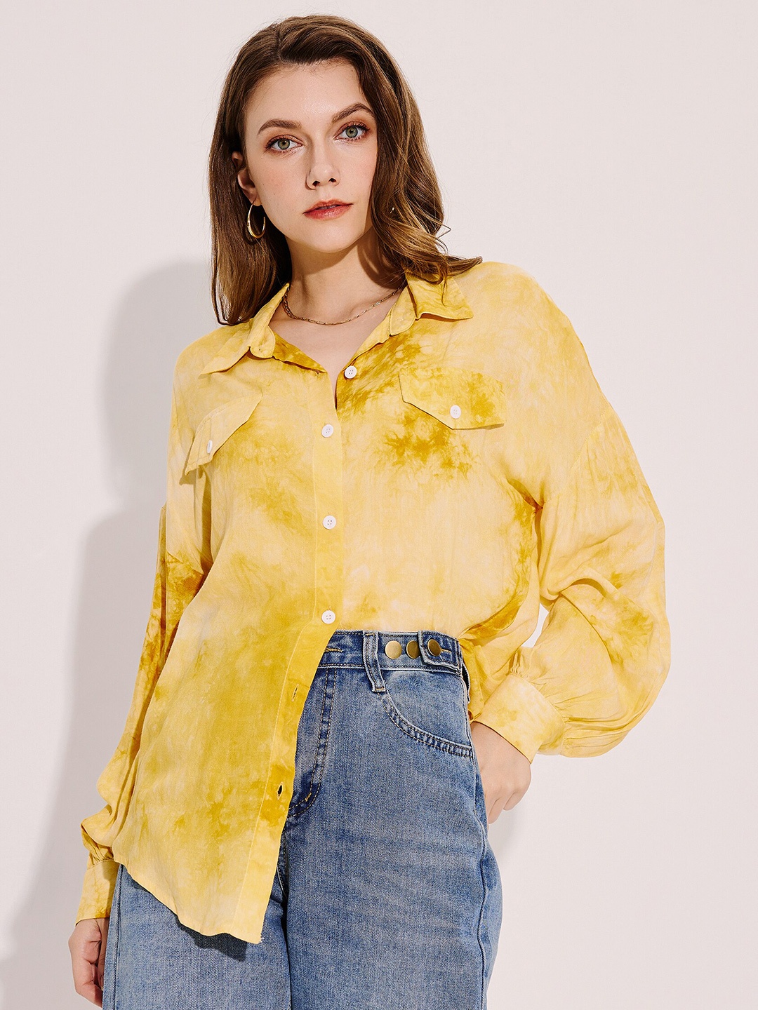 

URBANIC Women Yellow Tie and Dye Print Shirt Style Top