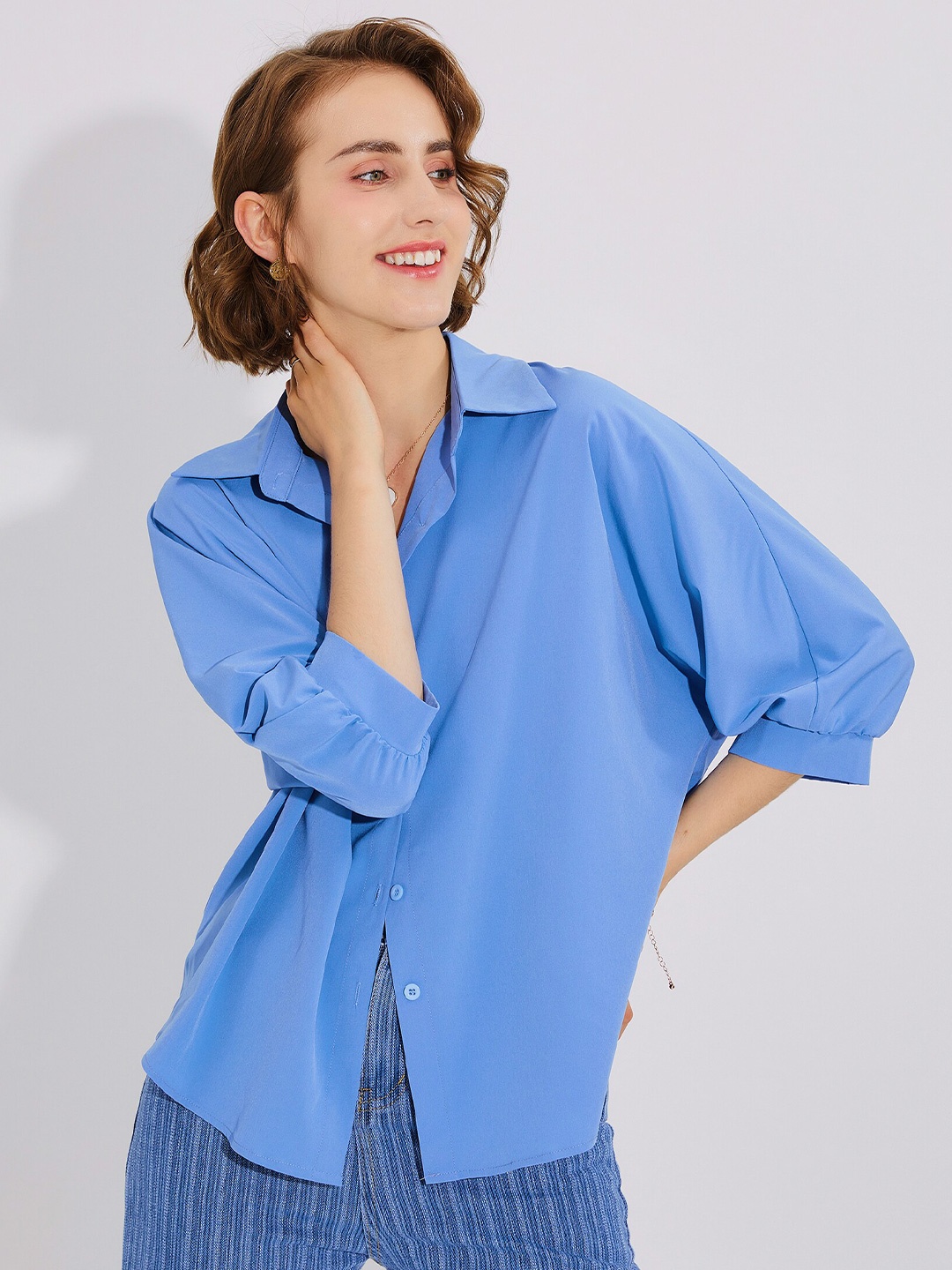 

URBANIC Blue Solid Shirt Style Top