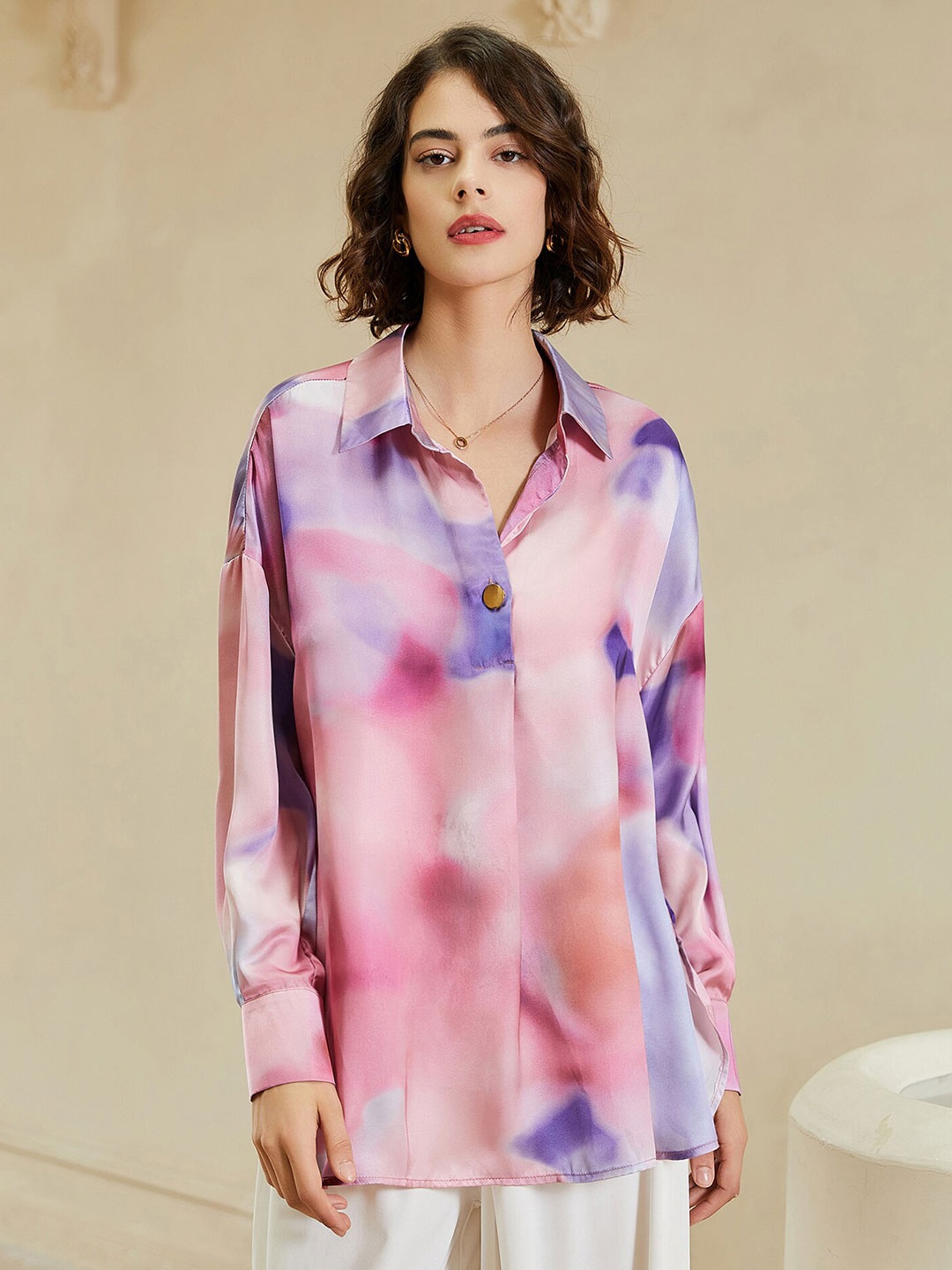 

URBANIC Pink & Blue Tie and Dye Shirt Style Top
