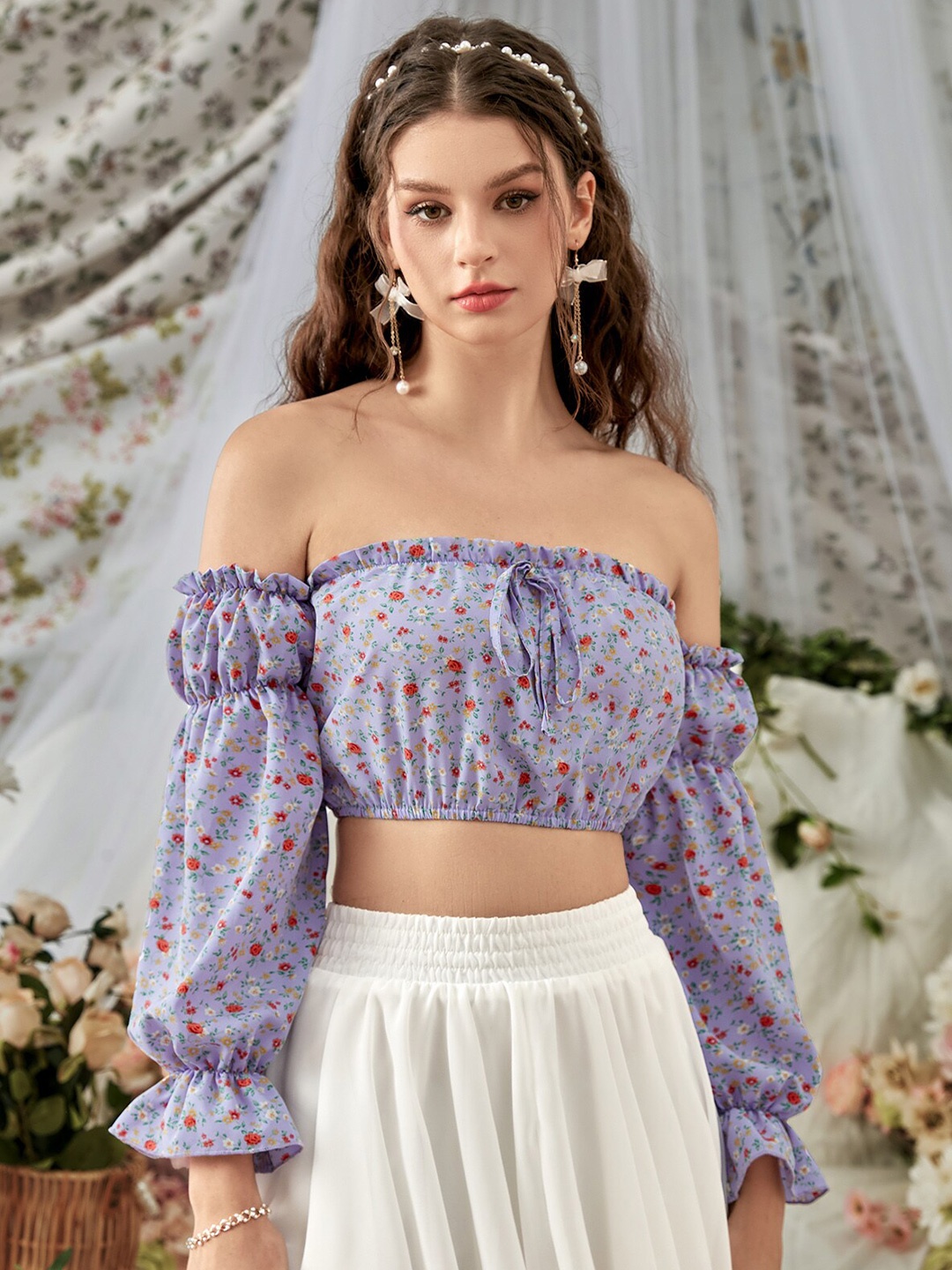 

URBANIC Purple Floral Print Off-Shoulder Bardot Crop Top