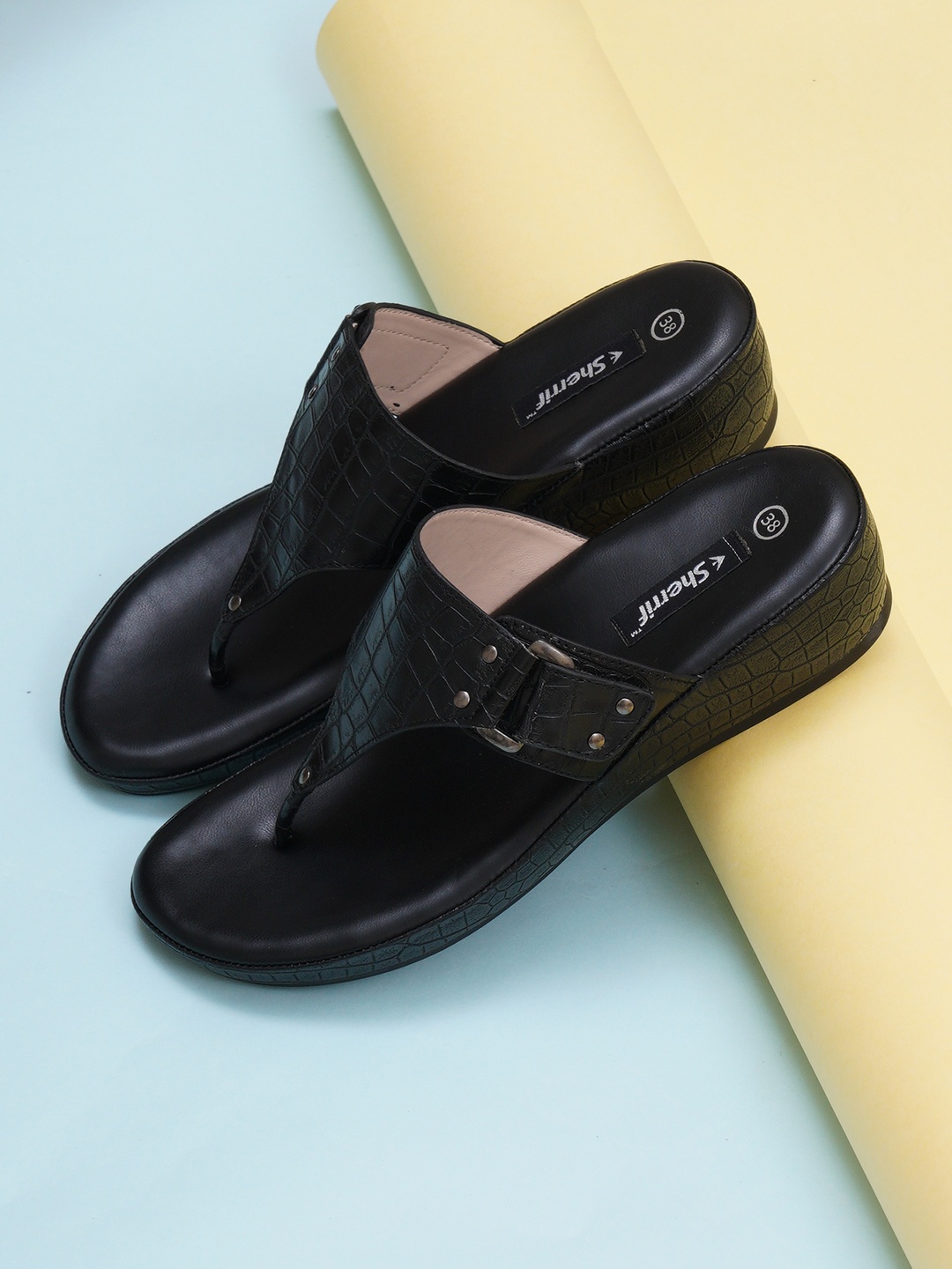 

Sherrif Shoes Women Black Wedge Heels with Buckles