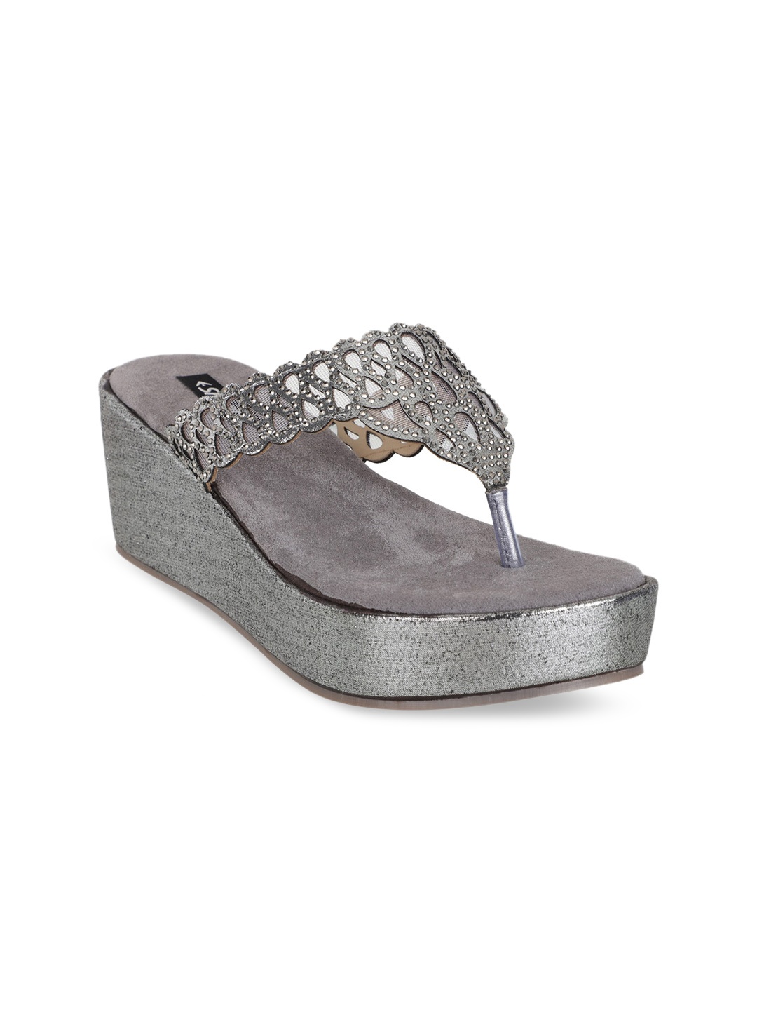 

Sherrif Shoes Women Grey Embellished Party Wedge Heels with Laser Cuts