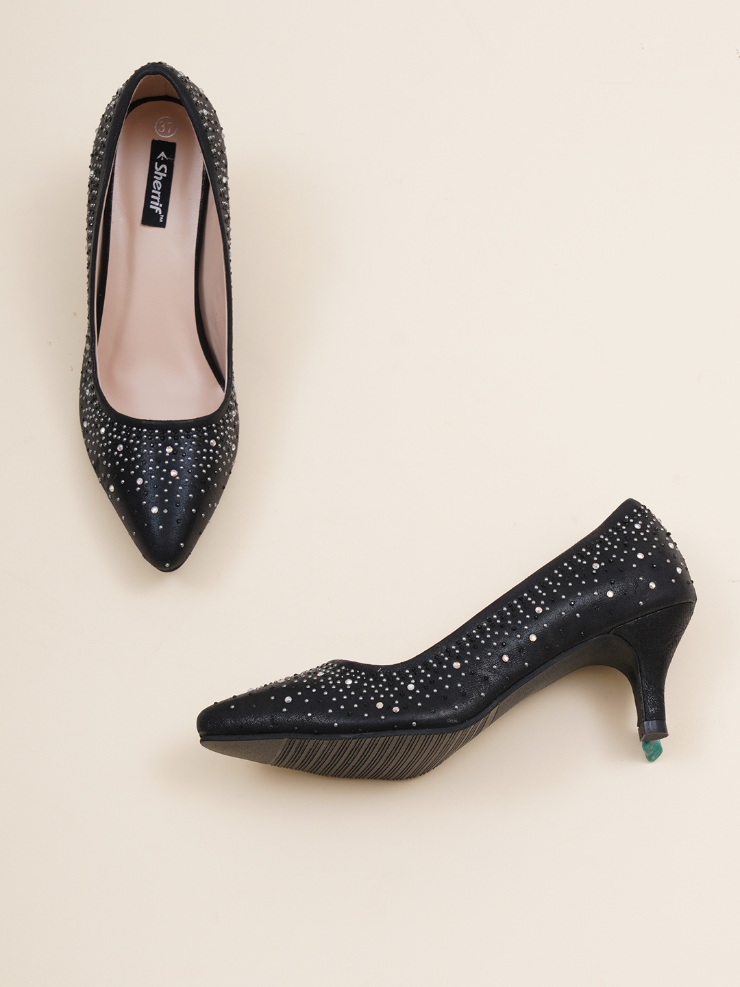 

Sherrif Shoes Black Embellished Party Kitten Pumps