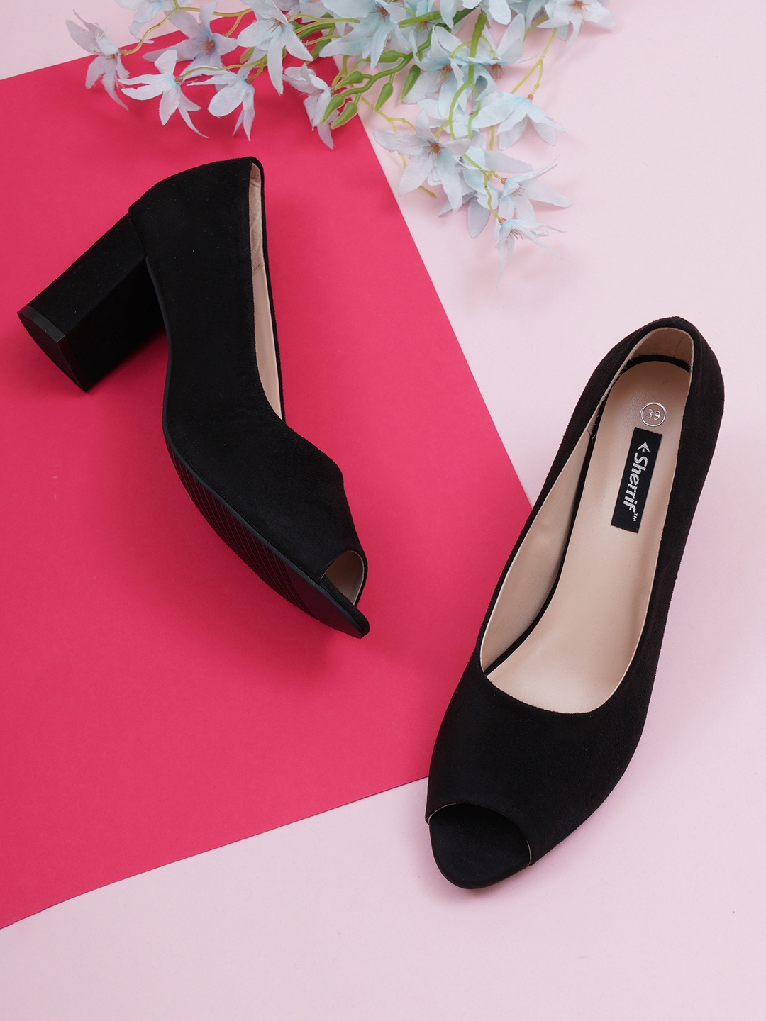 

Sherrif Shoes Black Suede Party Block Peep Toes