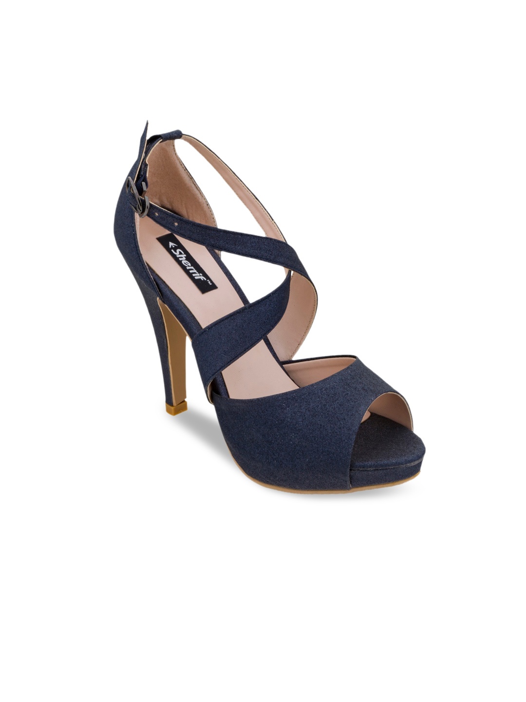 

Sherrif Shoes Navy Blue Party Stiletto Peep Toes with Buckles
