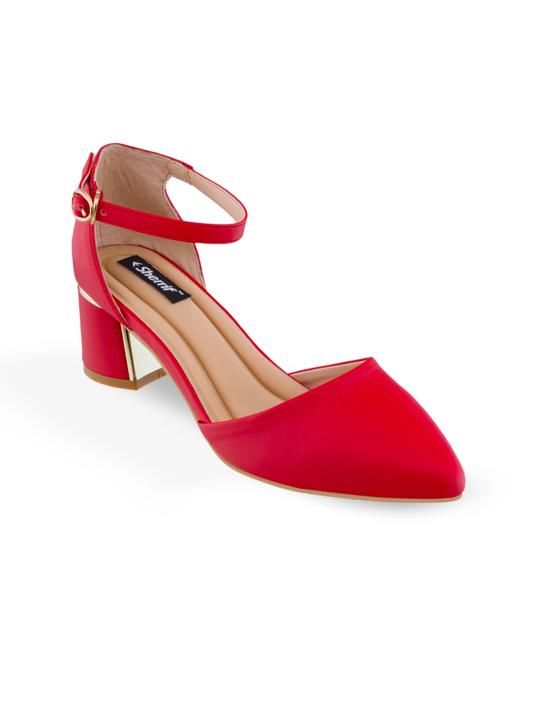 

Sherrif Shoes Red Printed Party Block Pumps with Buckles