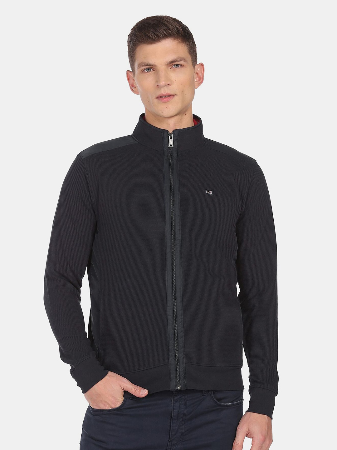 

Arrow Sport Men Blue High neck Ribbed Front open Sweatshirt