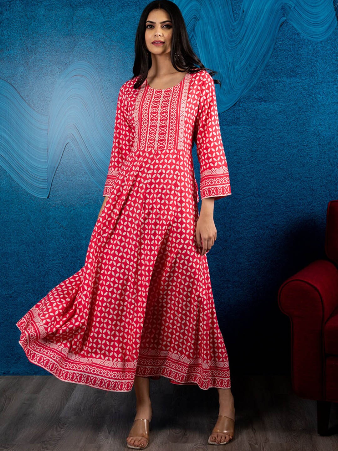 

BEATITUDE Women Pink & White Printed Empire Maxi ethnic Dress
