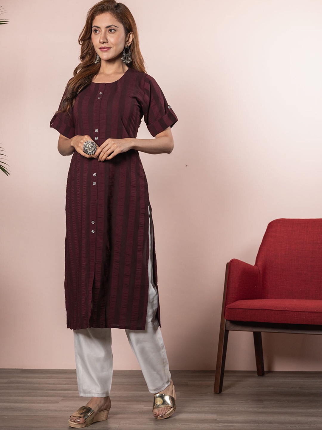 

BEATITUDE Women Red Striped Kurta