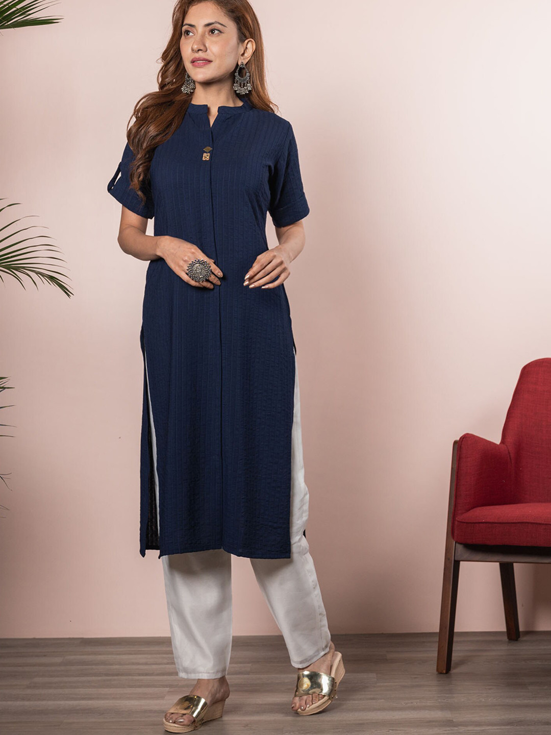 

BEATITUDE Women Blue Striped Kurta