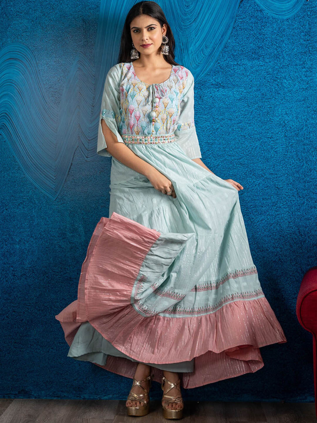 

BEATITUDE Women Blue & Pink Mirror Work Anarkali Kurta