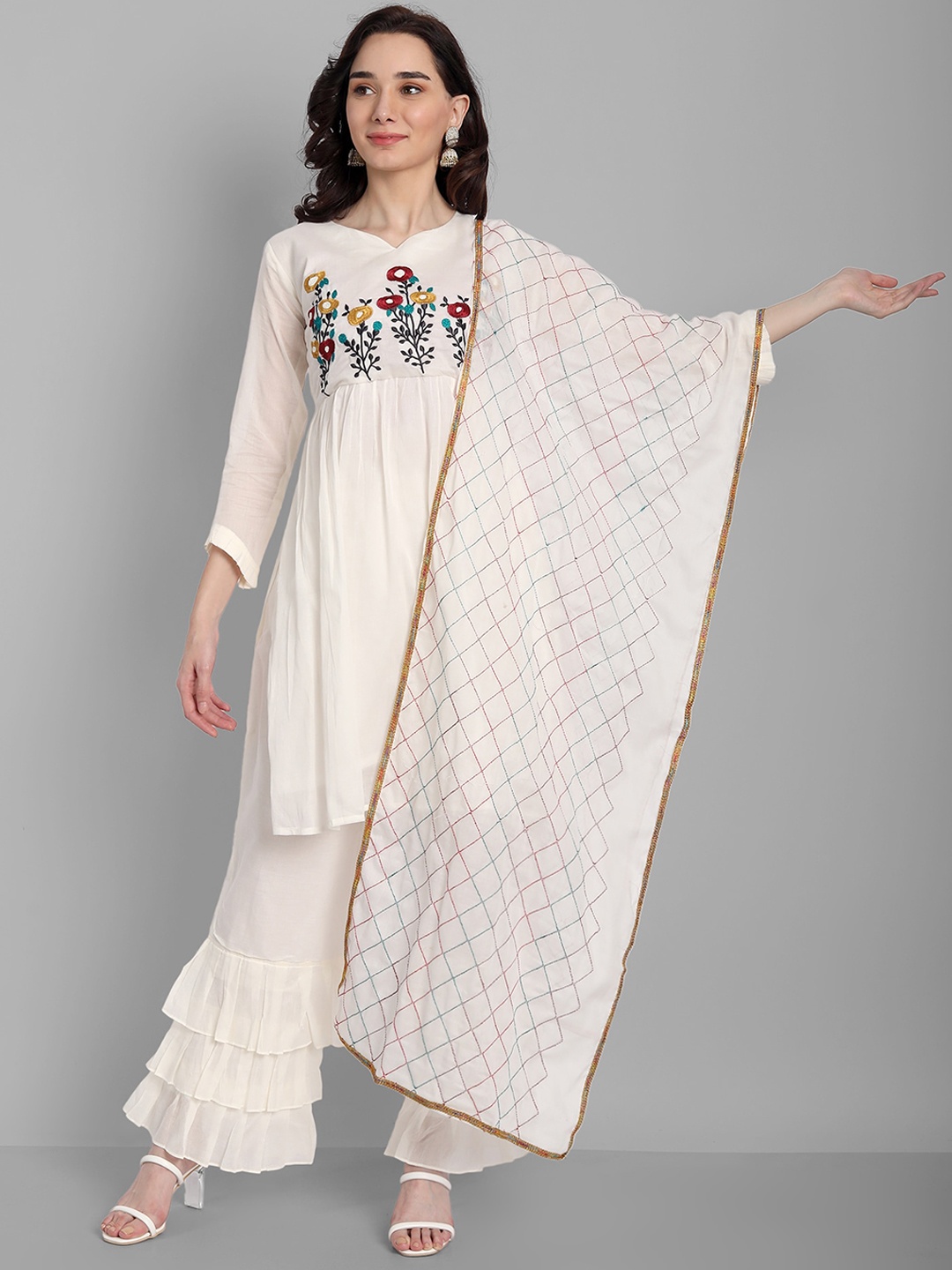 

Pakiza Women White Embroidered Kurta with Sharara & With Dupatta