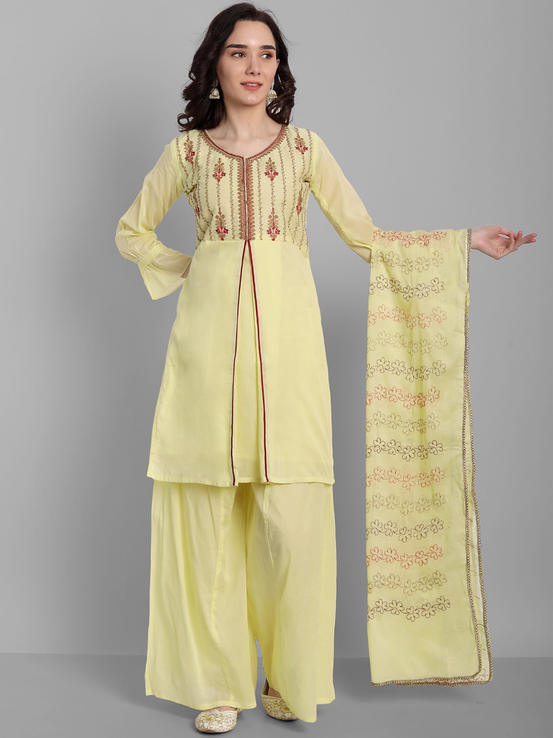 

Pakiza Women Yellow Embroidered Kurta with Palazzos & With Dupatta