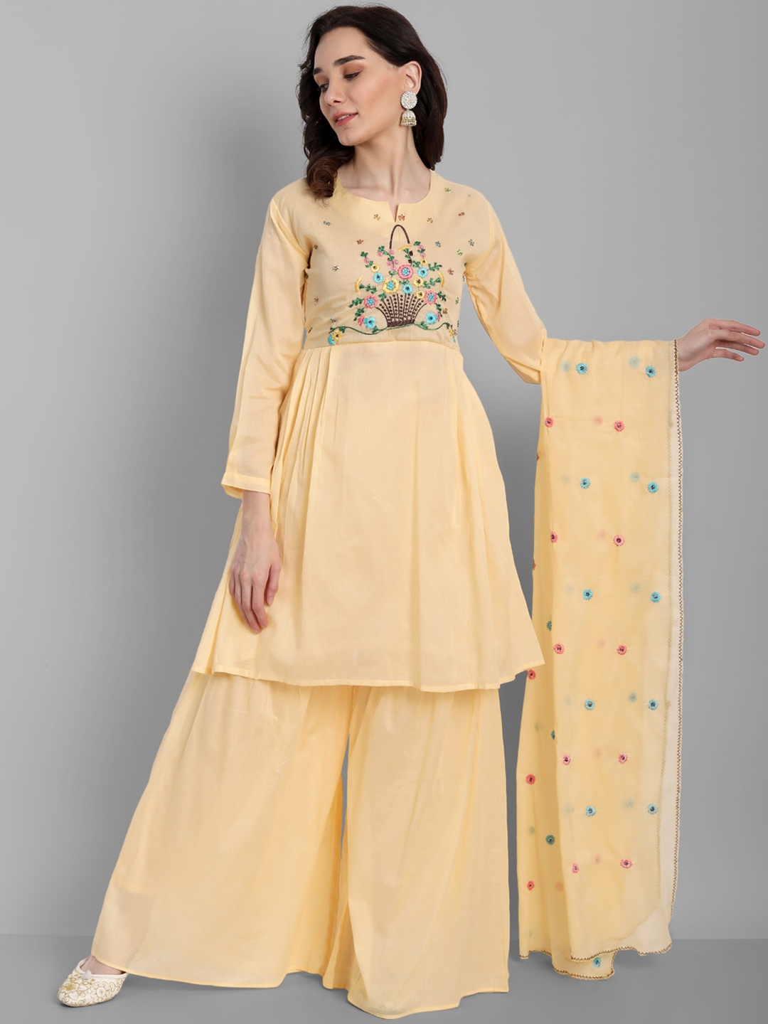 

Pakiza Women Yellow Floral Embroidered A-Line Kurta with Sharara & With Dupatta