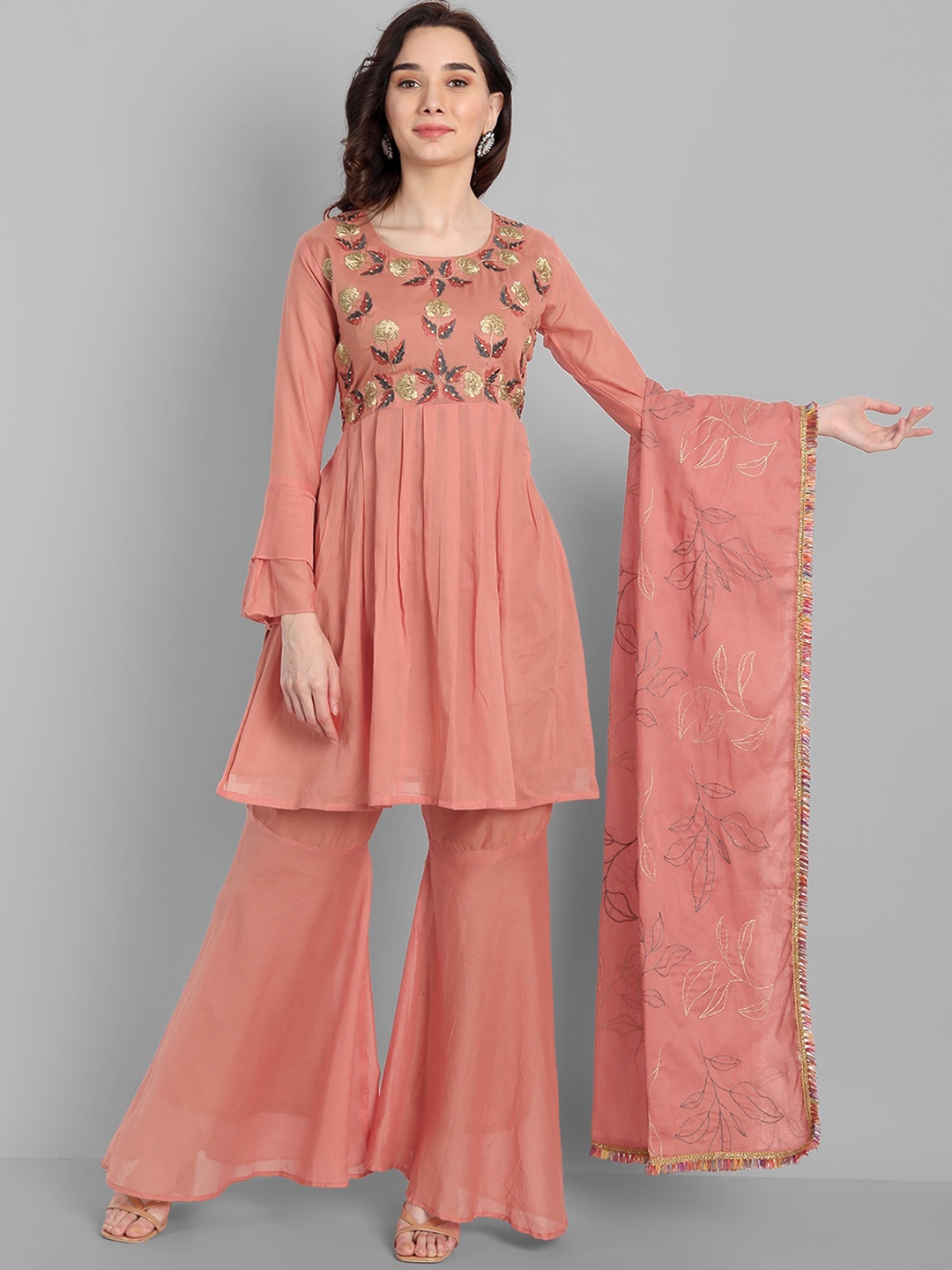 

Pakiza Women Coral Embroidered A-Line Kurta with Sharara & With Dupatta