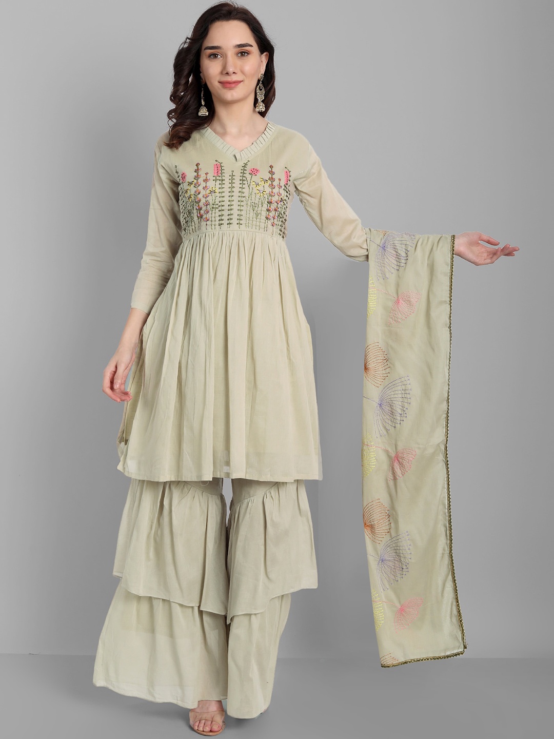 

Pakiza Women Grey Floral Embroidered Empire Kurta with Sharara & With Dupatta