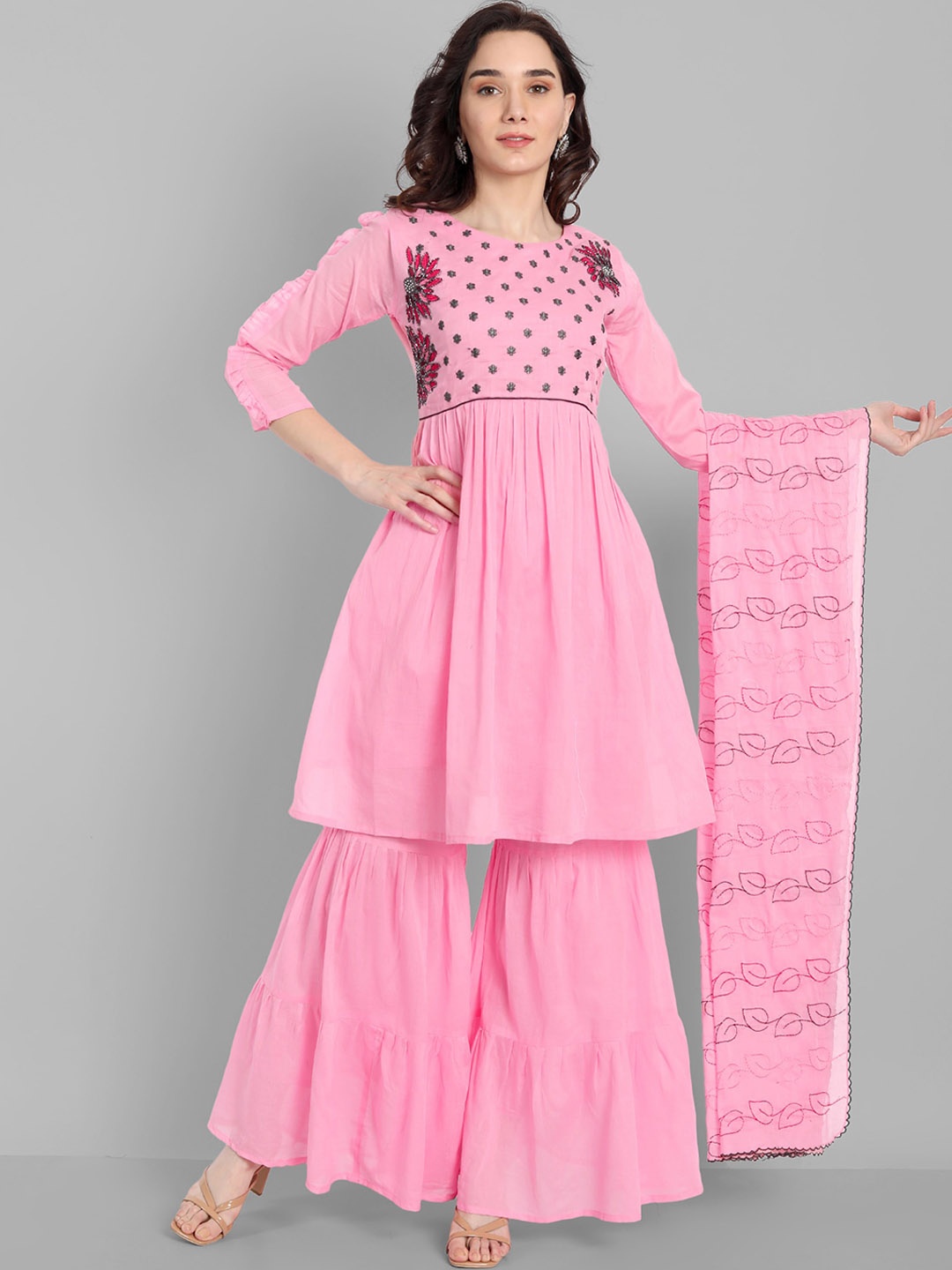 

Pakiza Women Pink Embroidered Empire Kurta with Sharara & With Dupatta