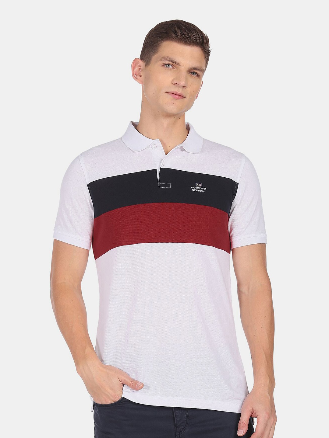 

Arrow Sport Men White & Red Colourblocked Cotton Polo Collar T-shirt