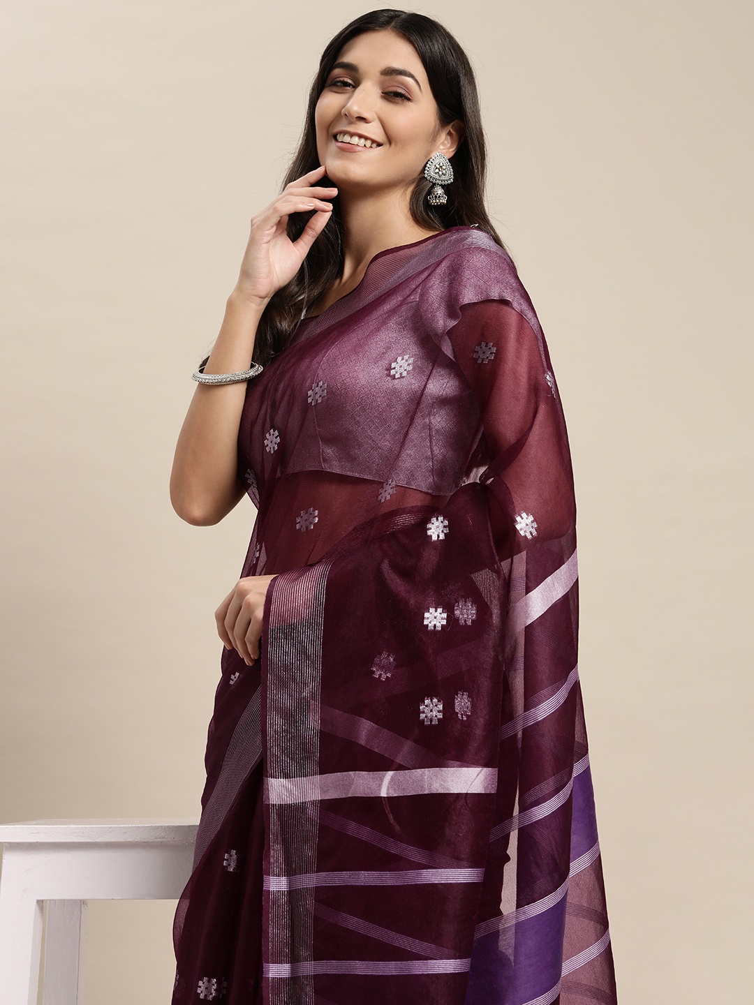 

swatika Purple & Silver-Toned Ethnic Motifs Zari Organza Bhagalpuri Saree
