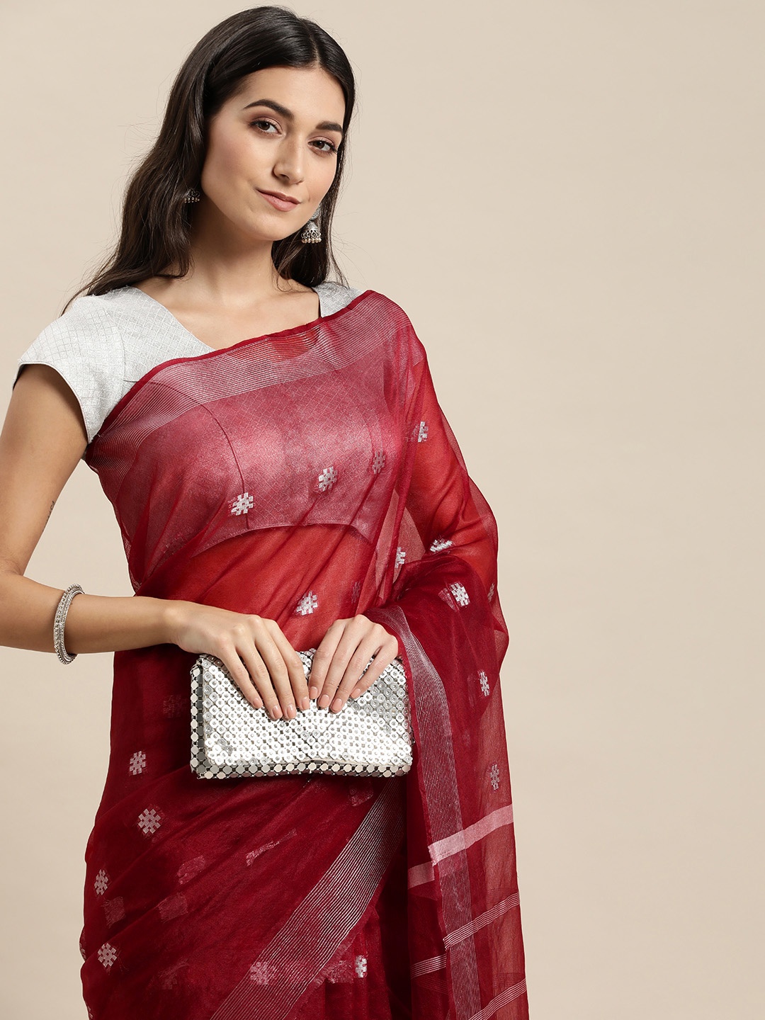 

swatika Maroon & Silver-Toned Woven Design Zari Organza Bhagalpuri Saree