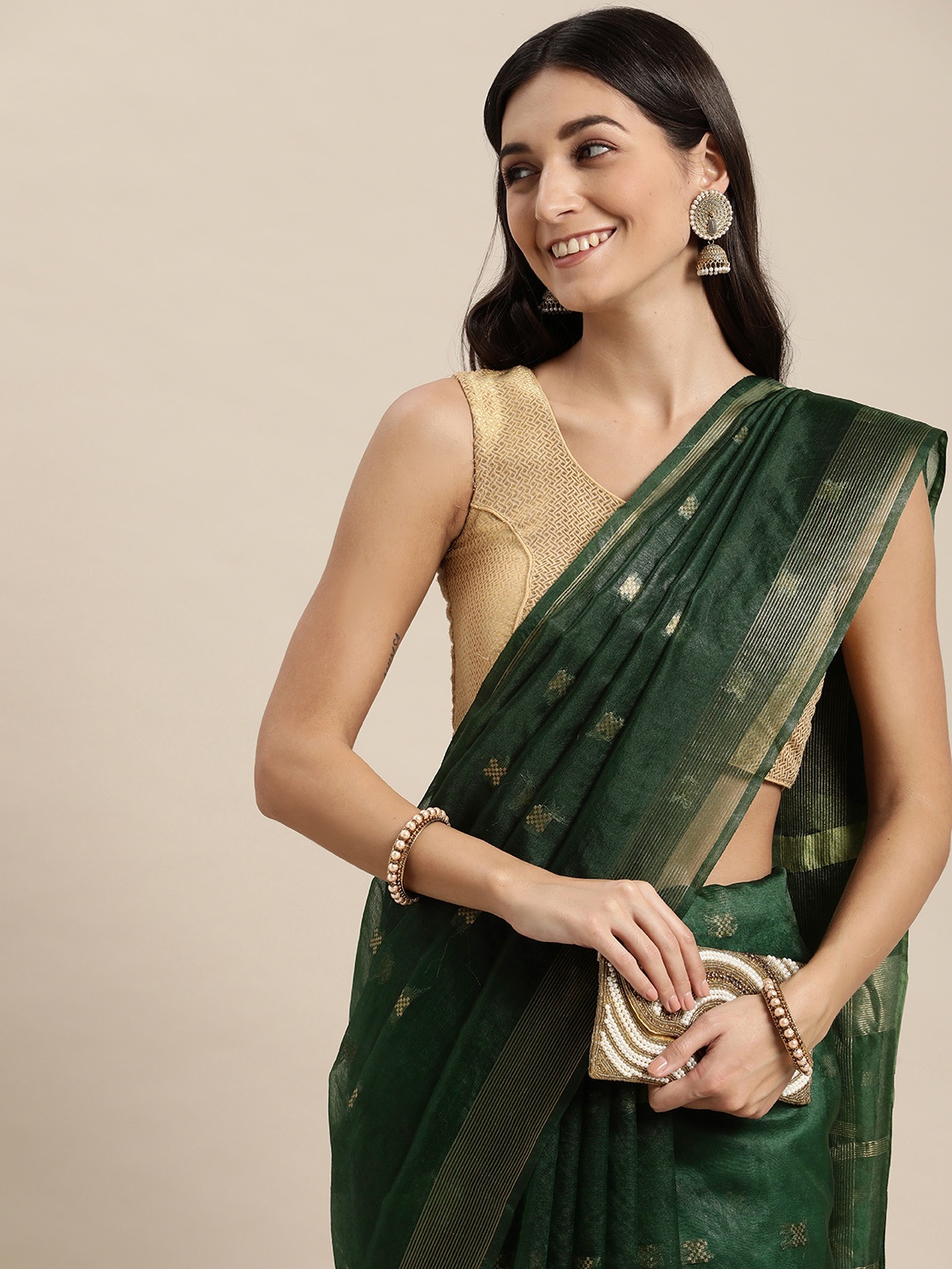 swatika Green & Gold-Toned Woven Design Zari Organza Bhagalpuri Saree