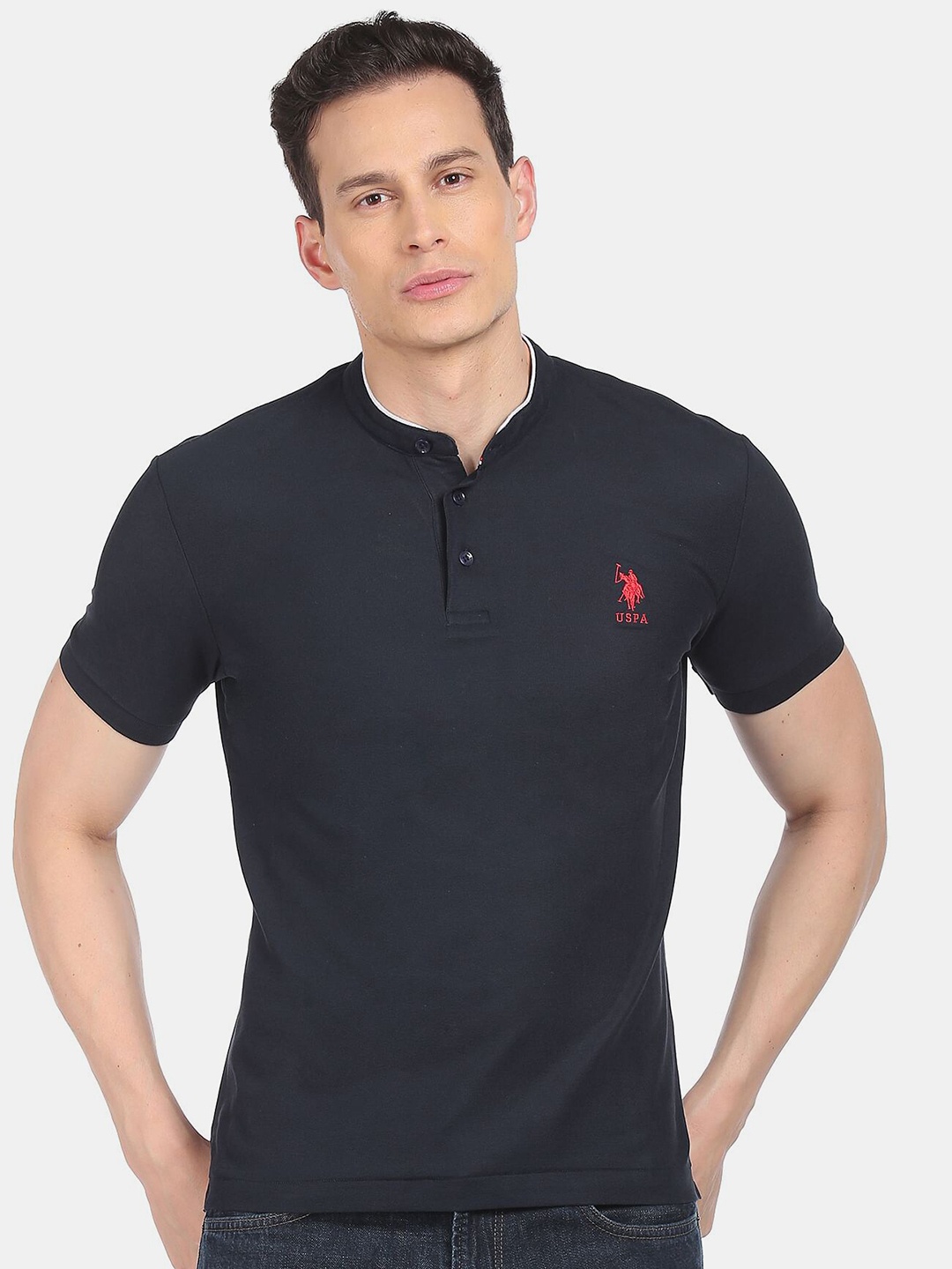 

U S Polo Assn Men Blue Mandarin Collar Cotton T-shirt