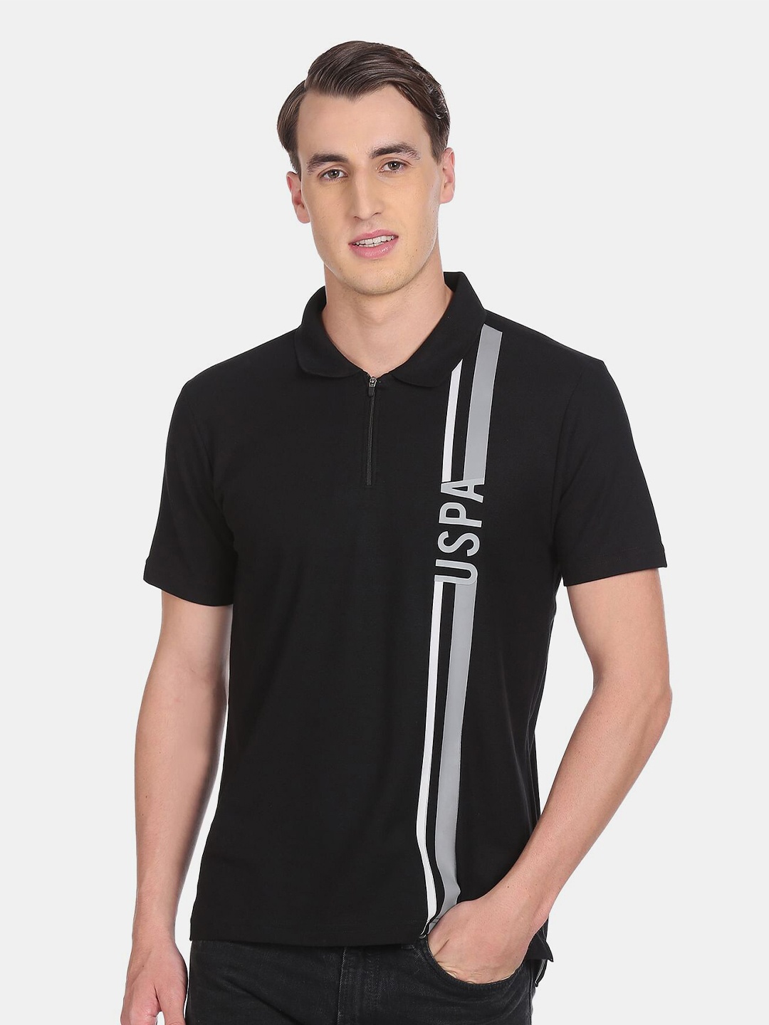 

U S Polo Assn Men Black & Grey Typography Polo Collar Cotton T-shirt