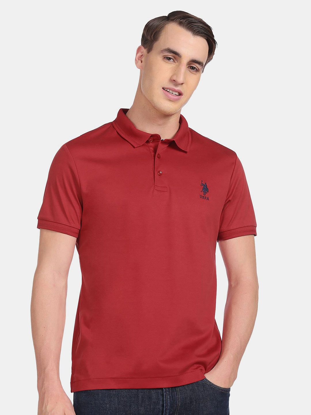 

U S Polo Assn Men Red Polo Collar Cotton T-shirt