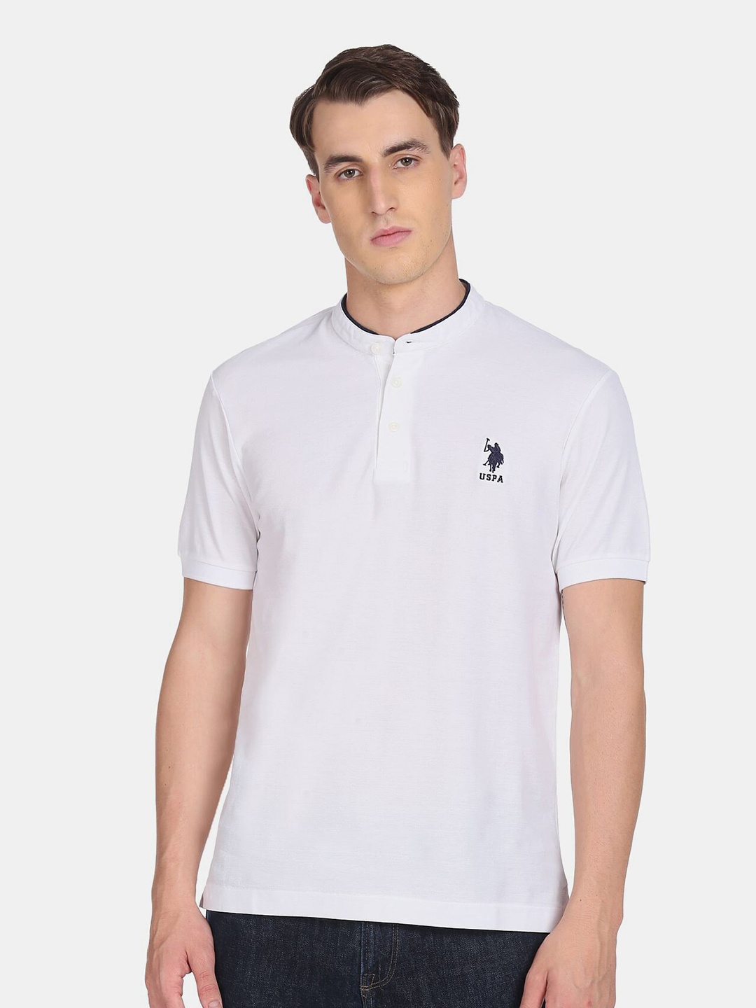 

U S Polo Assn Men White Henley Neck Cotton T-shirt