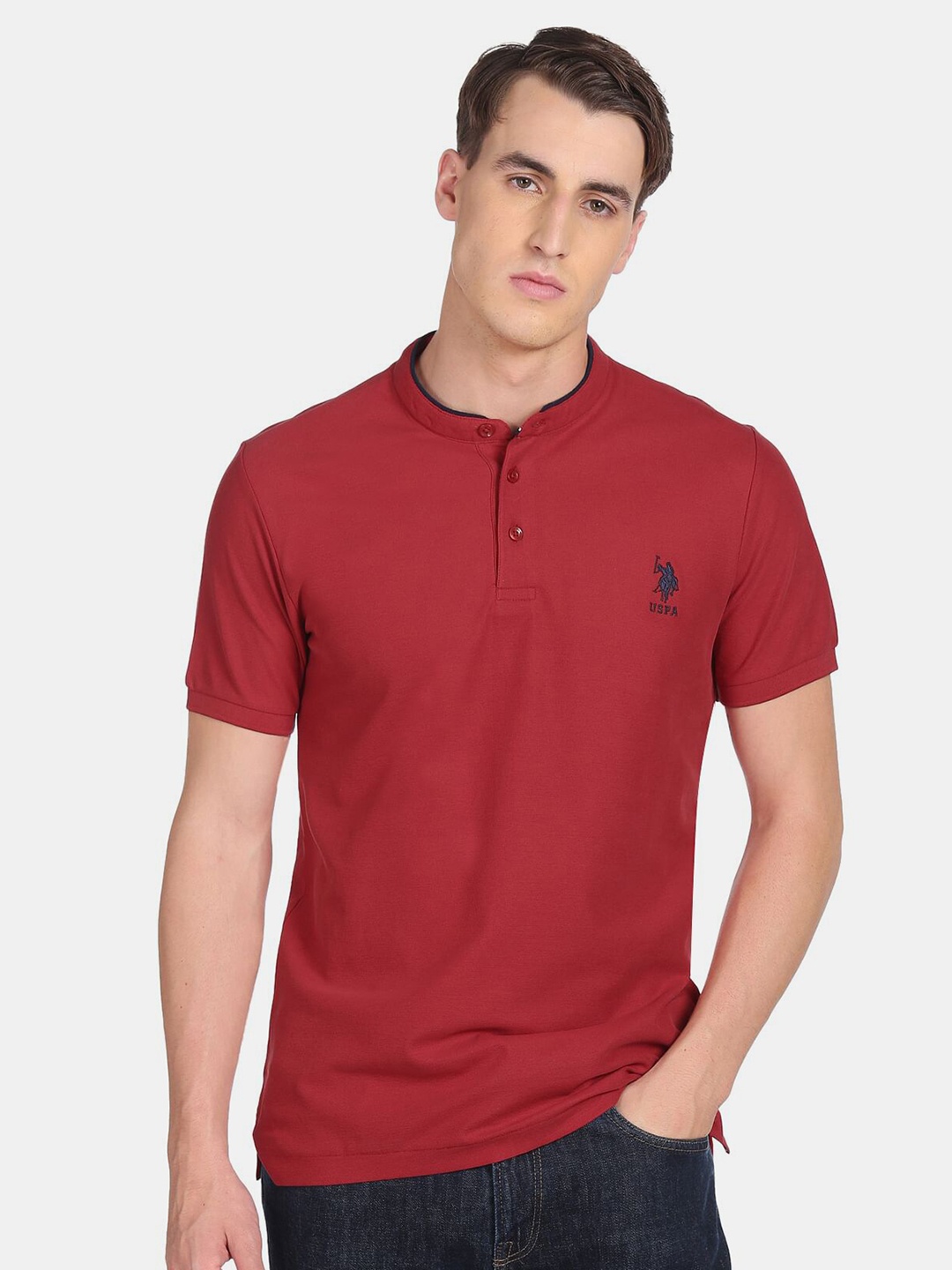 

U S Polo Assn Men Red Mandarin Collar Cotton T-shirt