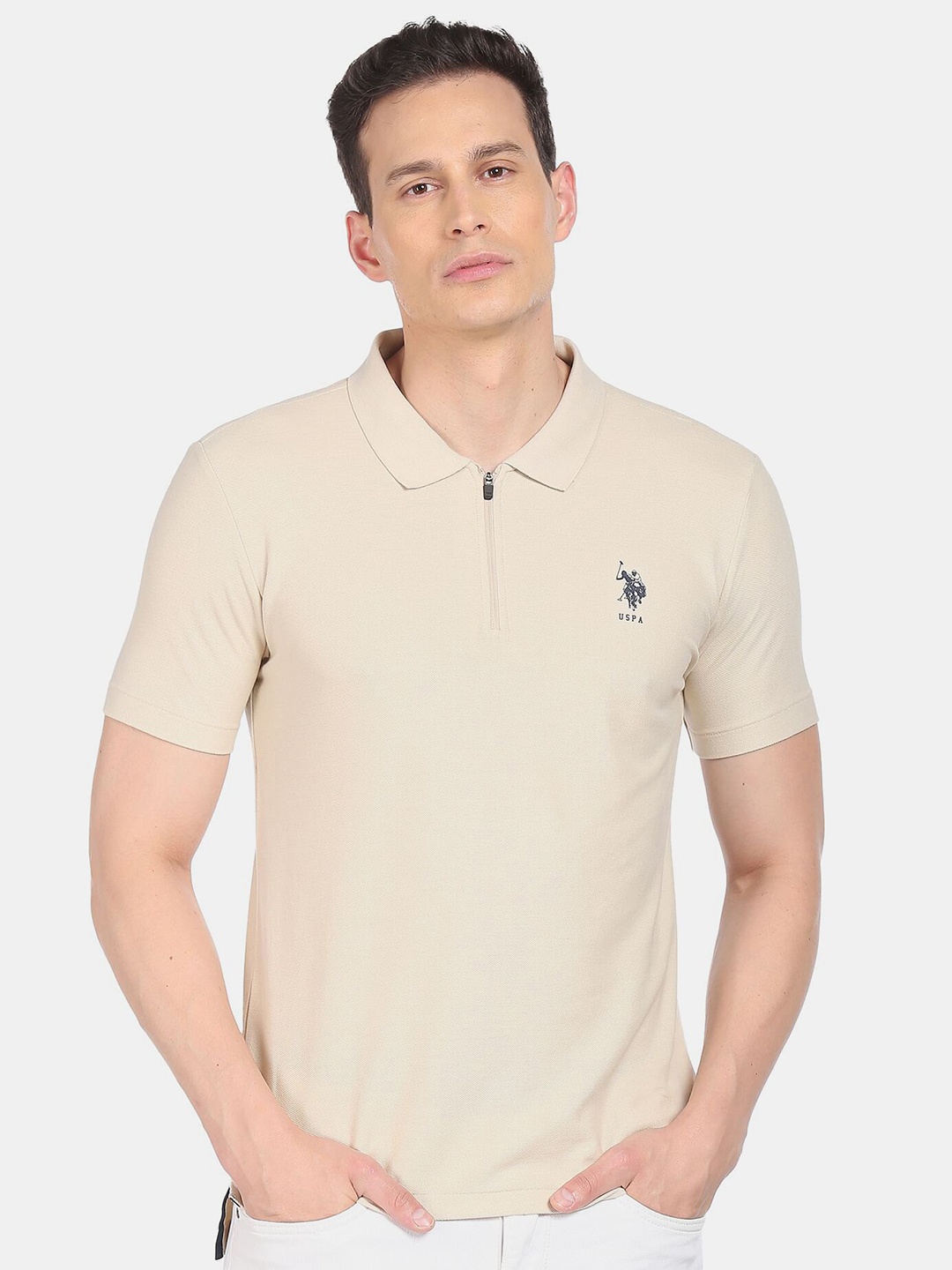 

U S Polo Assn Men Beige Polo Collar Cotton T-shirt