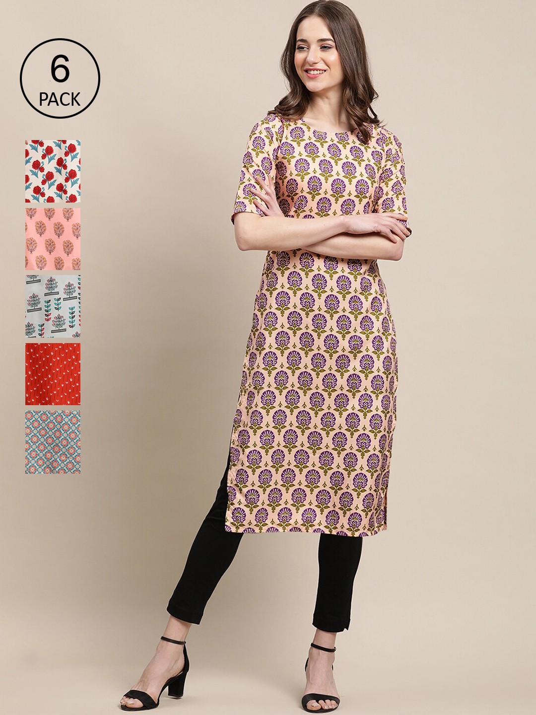 

Ethnic basket Women Pack Of 6 Red & Pink Geometric Printed Block Print Crepe Kurta