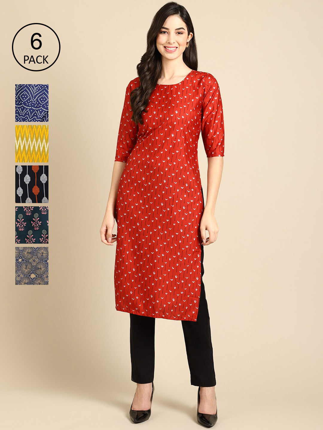 

Ethnic basket Women Pack of 6 Digital Printed Crepe Straight Kurtas, Yellow