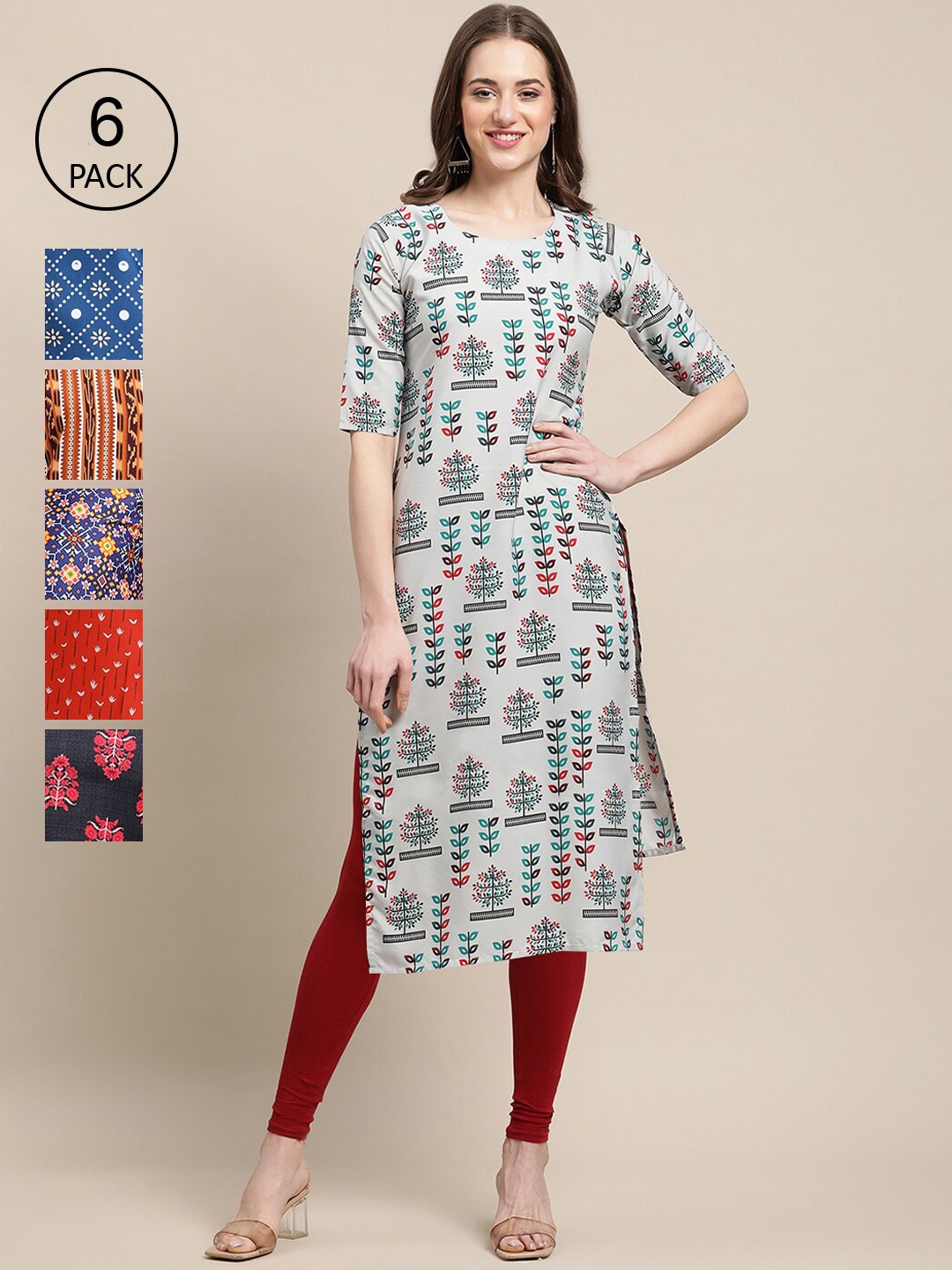 

Ethnic basket Women Multicoloured Geometric Printed Keyhole Neck Block Print Crepe Kurta, Multi