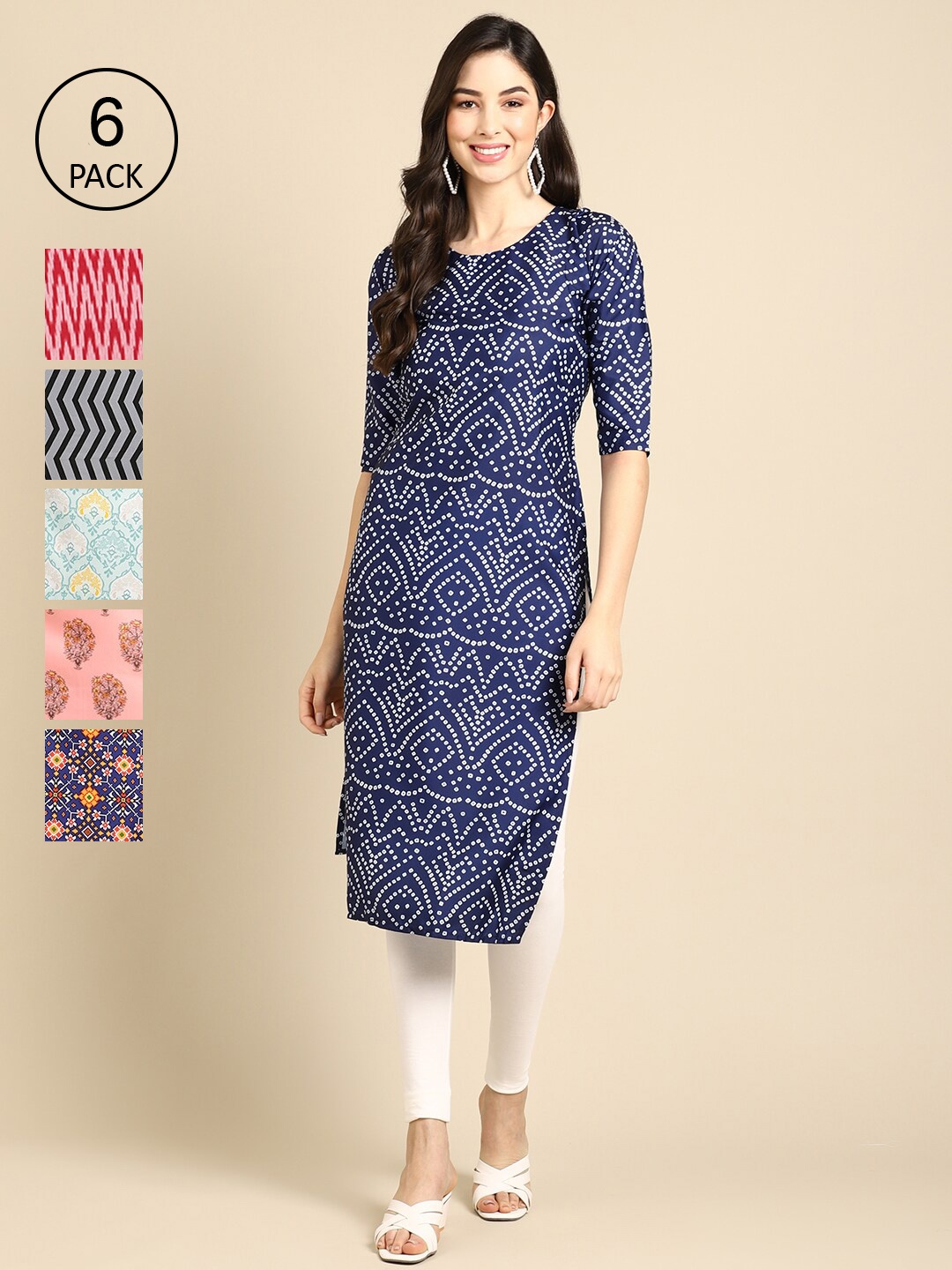 

Ethnic basket Women Blue & Pink Pack Of 6 Geometric Printed Block Print Crepe Kurta