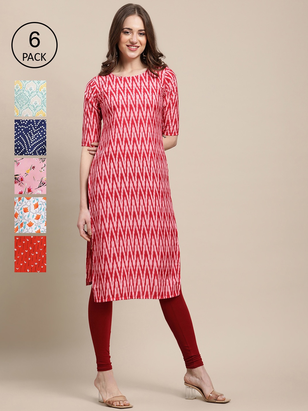 

Ethnic basket Women Red & Pink Pack Of 6 Geometric Printed Block Print Crepe Kurta