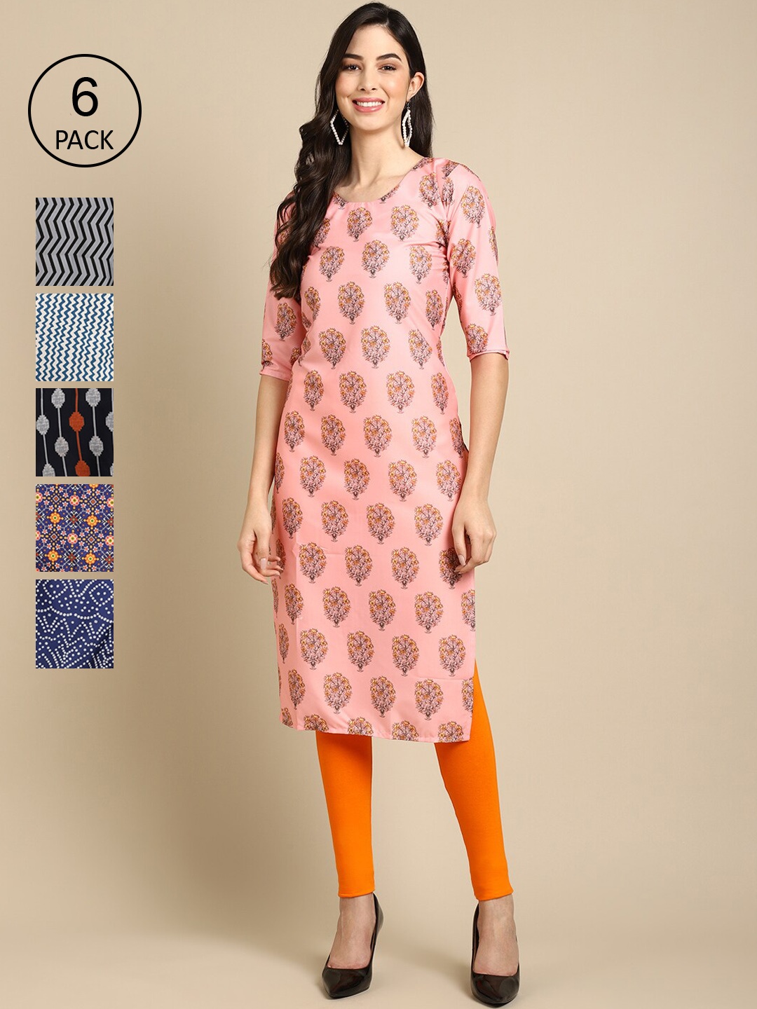 

Ethnic basket Pack of 6 Women Peach & Blue Geometric Printed Crepe Kurta