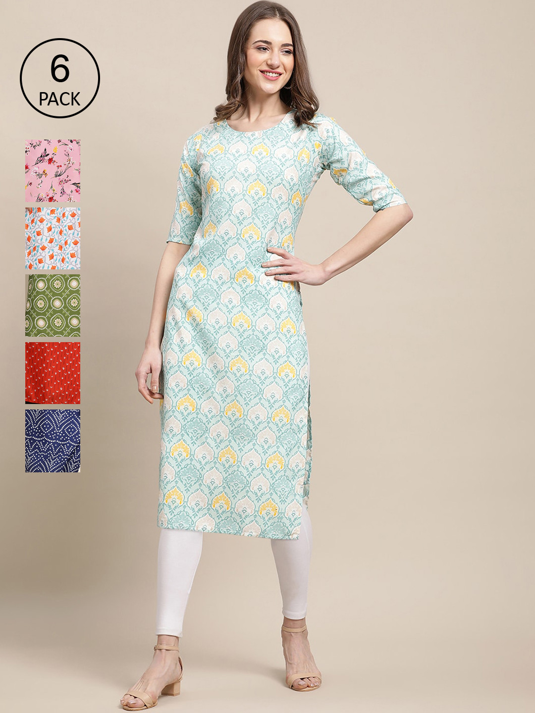 

Ethnic basket Women Pack Of 6 Turquoise Blue & Pink Printed Crepe Kurta