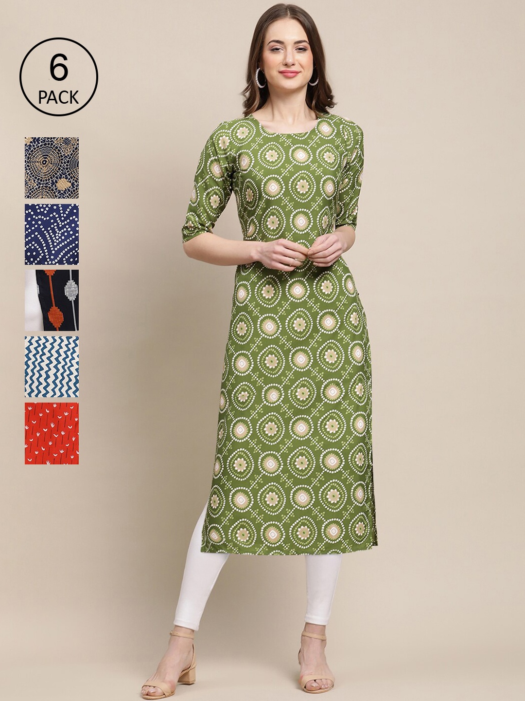 

Ethnic basket Women Pack Of 6 Green & Blue Printed Crepe Kurta