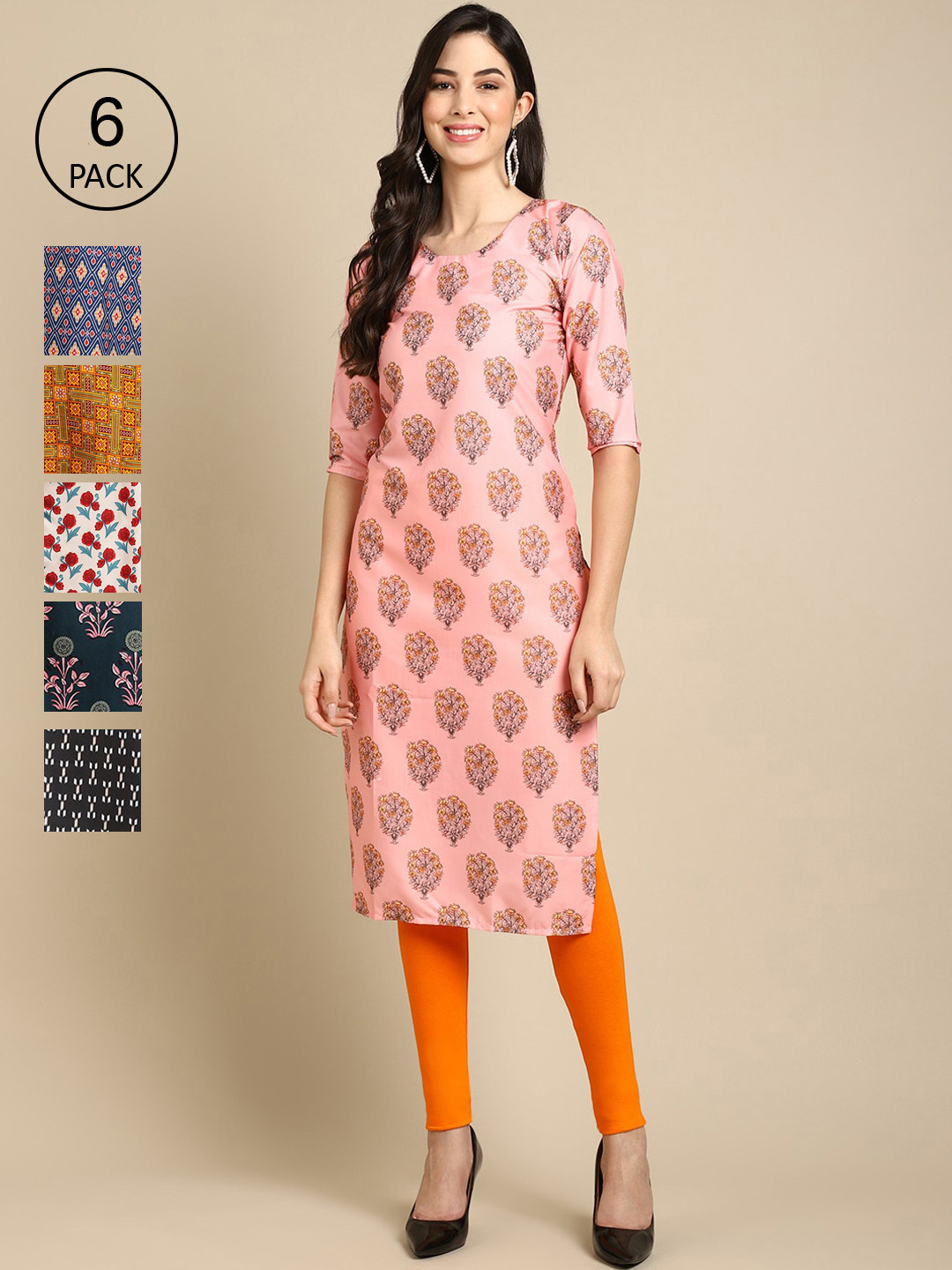

Ethnic basket Women Multicoloured Pack Of 6 Ethnic Motifs Printed Block Print Crepe Kurta, Multi