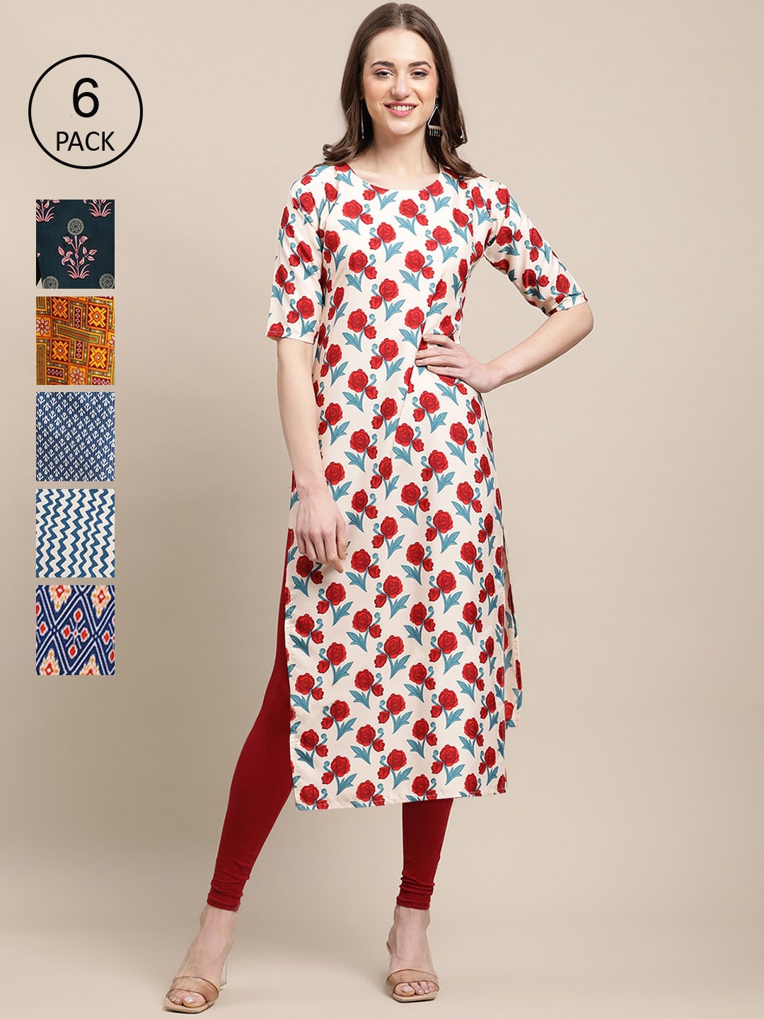 

Ethnic basket Women Pack of 6 Geometric Printed Crepe Kurta, Cream
