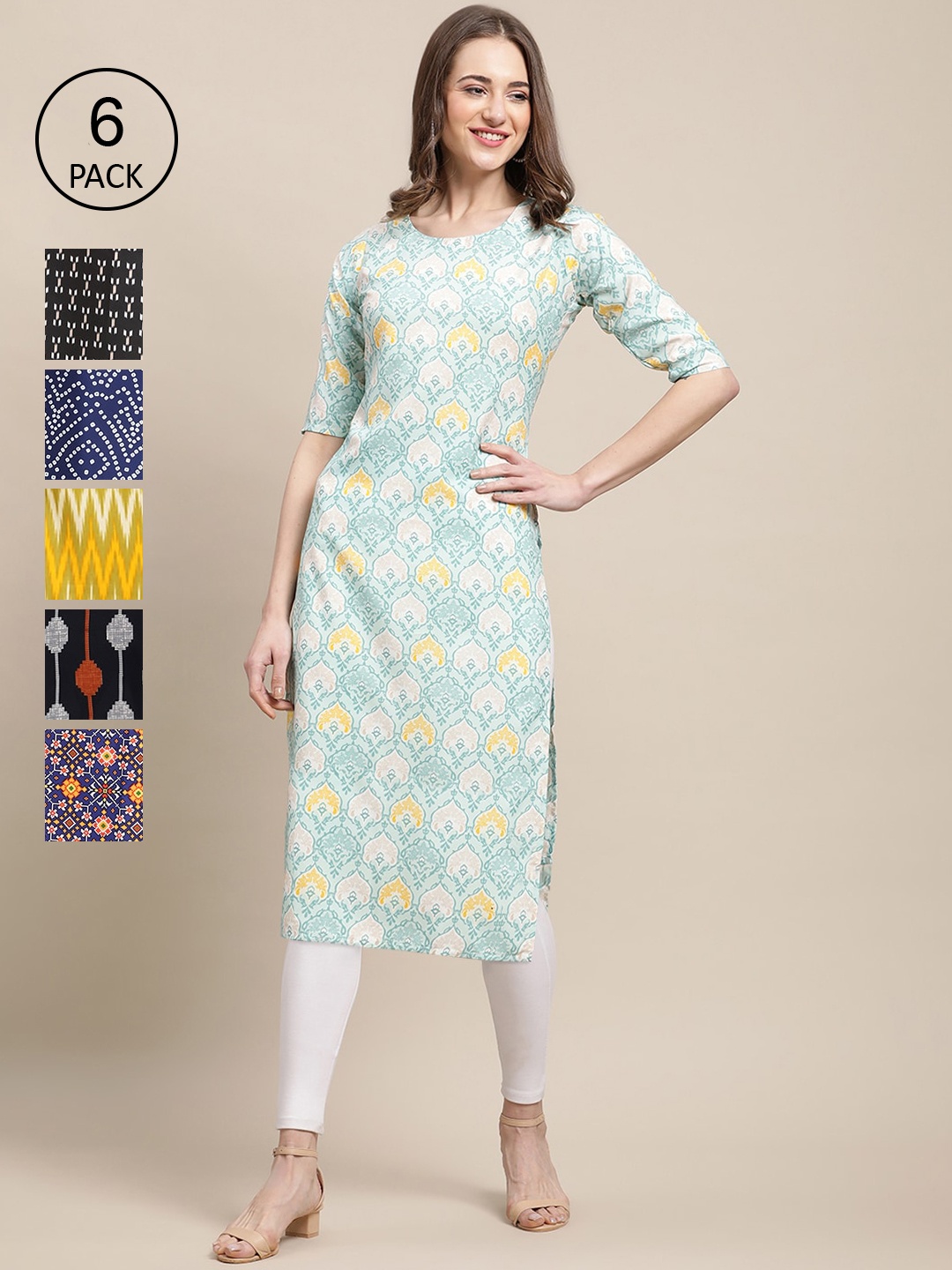 

Ethnic basket Women Pack Of 6 Block Print Crepe Kurta, Black