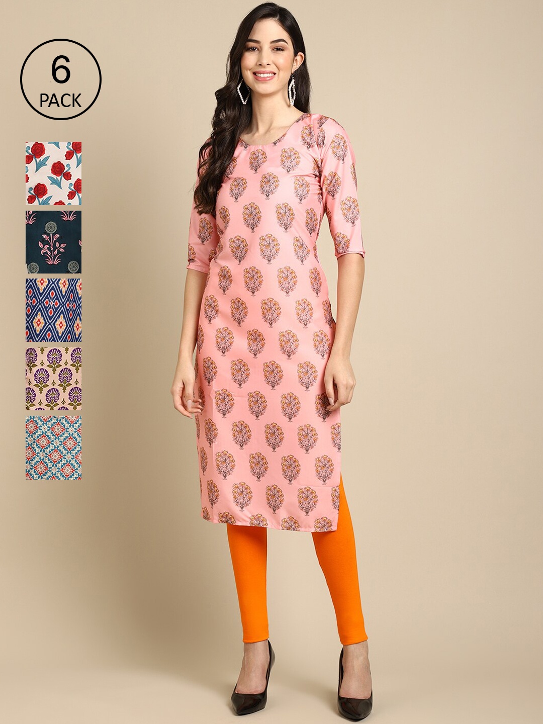 

Ethnic basket Women Pack Of 6 Printed Block Print Crepe Kurta, Peach