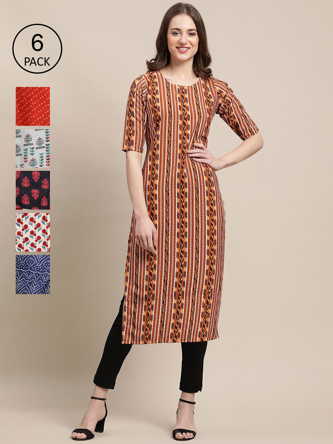 

Ethnic basket Women Yellow & Red Pack Of 6 Ethnic Motifs Printed Crepe Kurtas