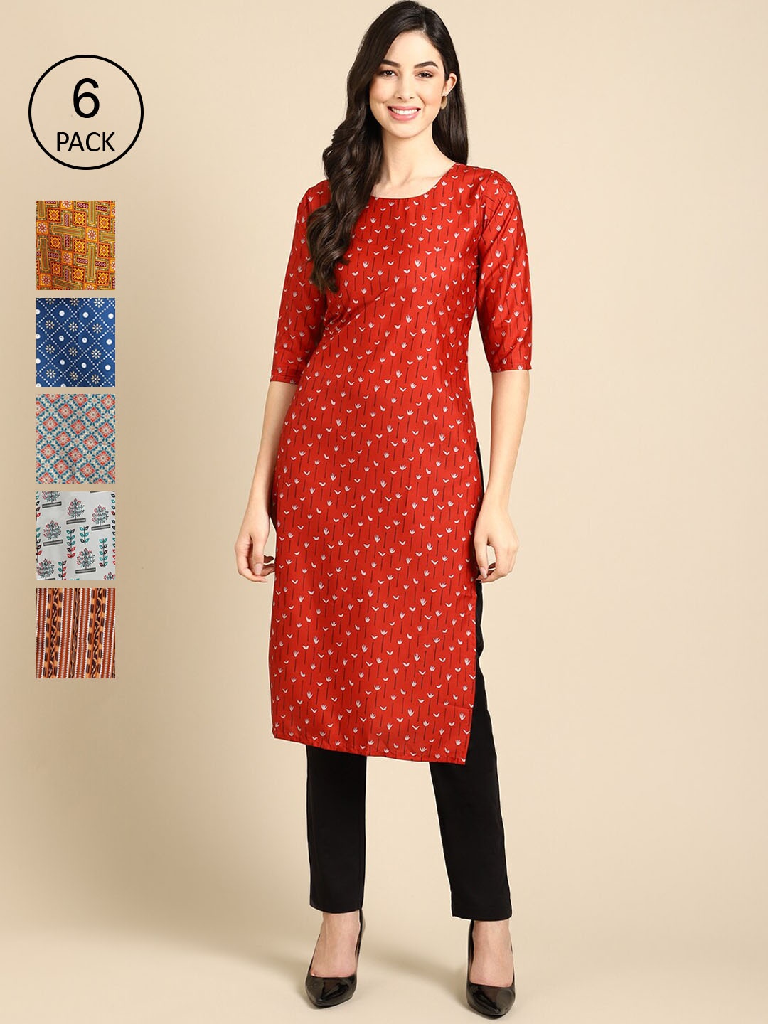 

Ethnic basket Pack Of 6 Women Printed Crepe Kurta, Red