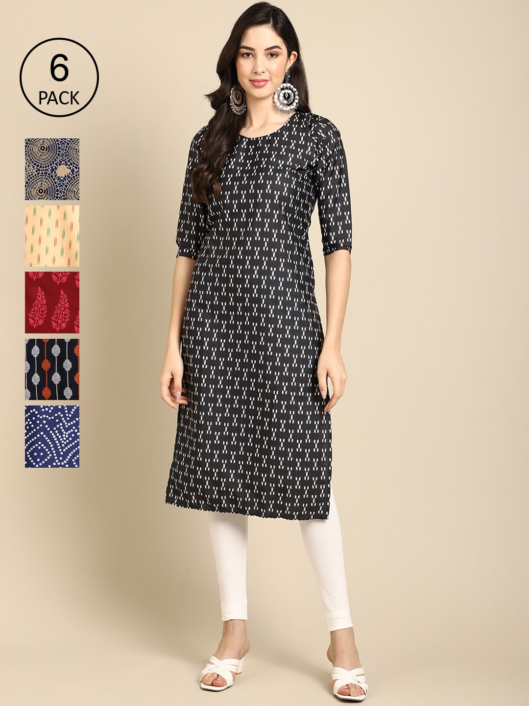 

Ethnic basket Pack of 6 Women Printed Straight Crepe Kurta, Multi