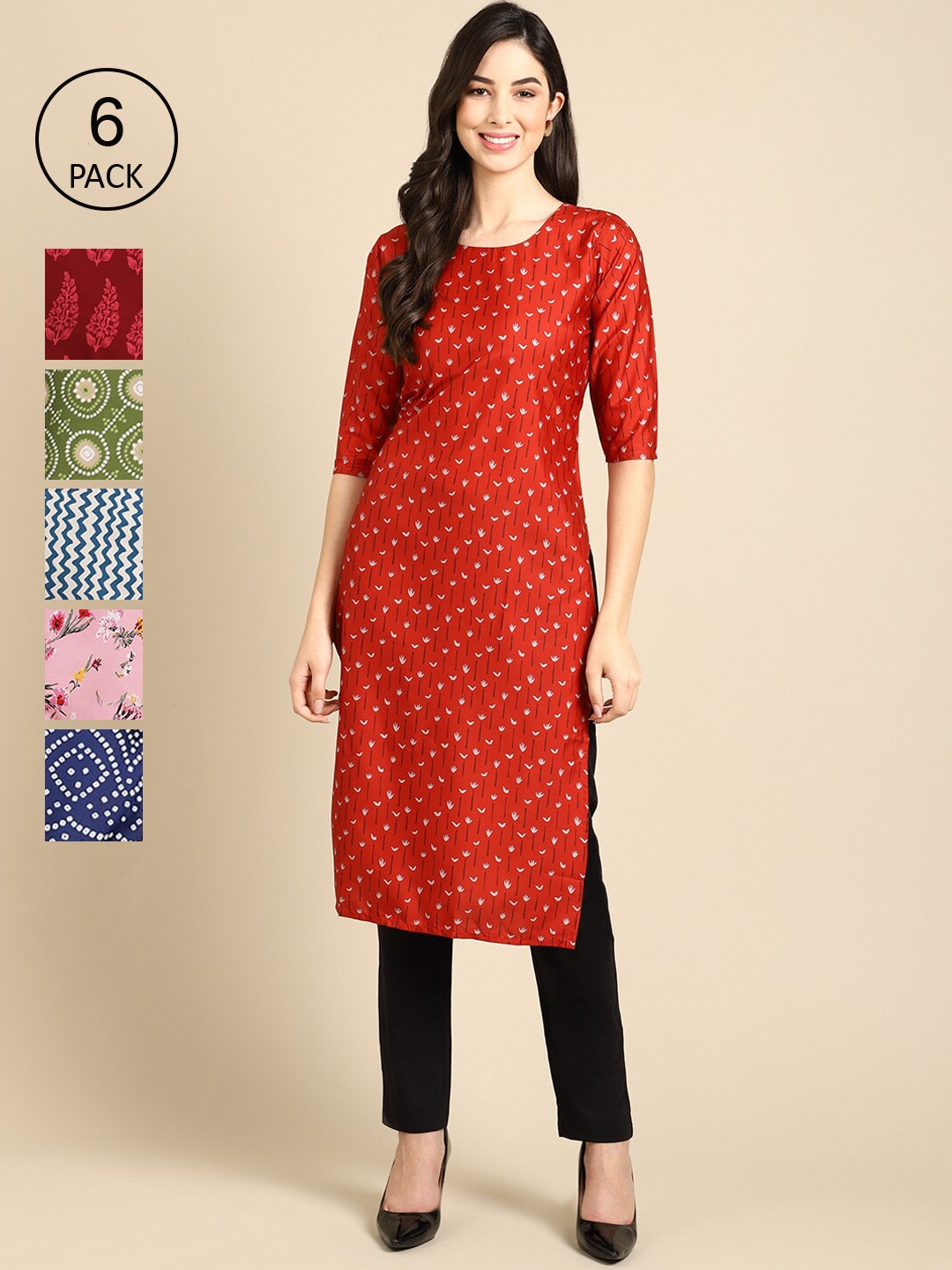 

Ethnic basket Pack of 6 Women Printed Straight Crepe Kurta, Multi