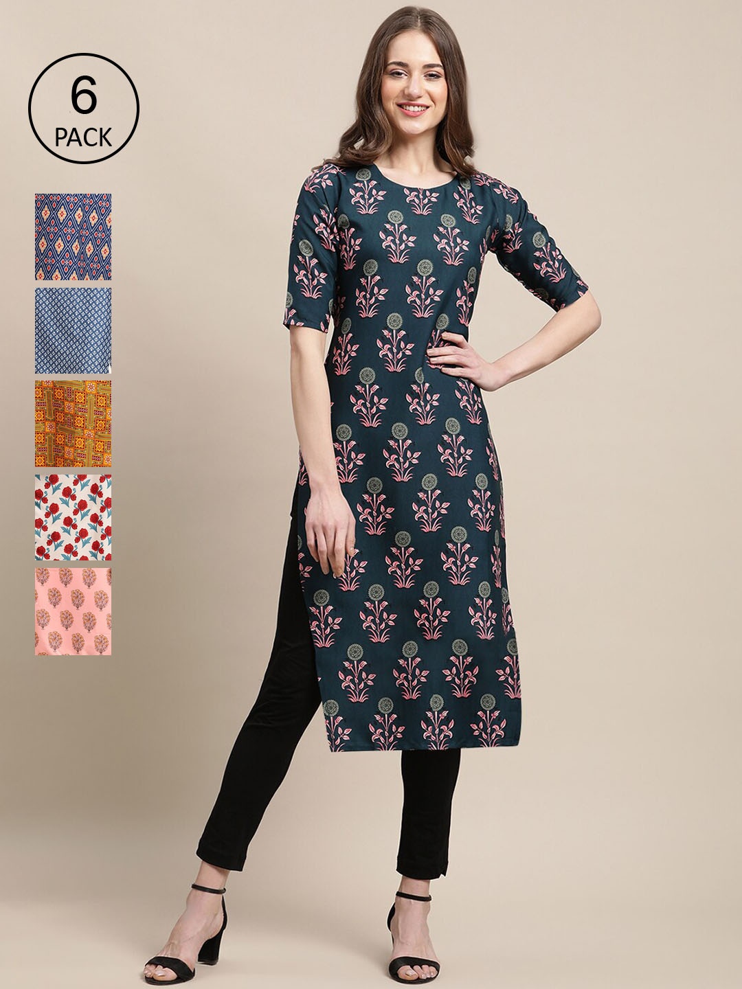 

Ethnic basket Women Pack Of 6 Multicoloured Floral Printed Block Print Crepe Kurta, Multi